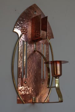Arts & Crafts Copper & Brass Wall Sconce Candle and Match Box Holder by WMF