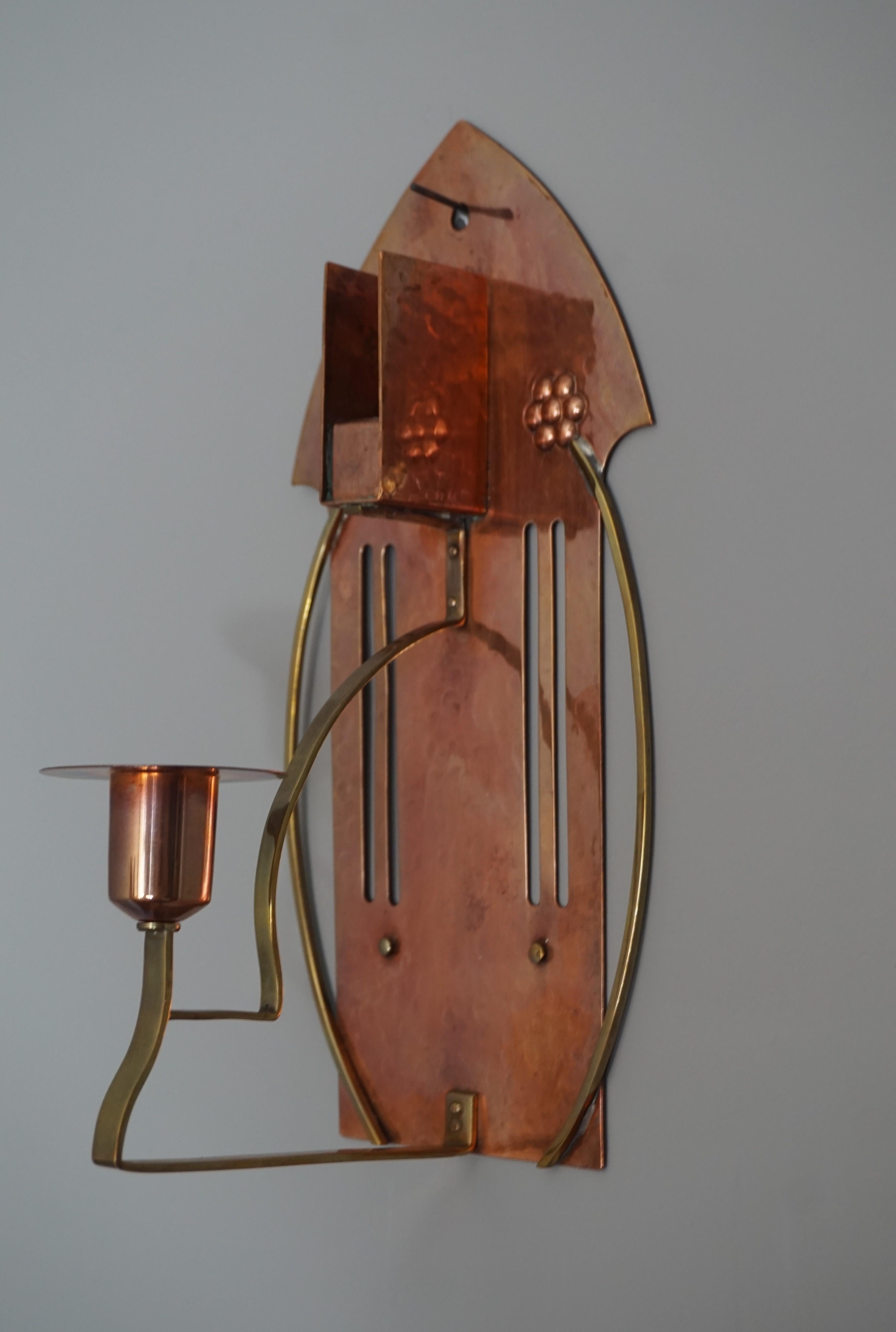20th Century Arts & Crafts Copper & Brass Wall Sconce Candle and Match Box Holder by WMF
