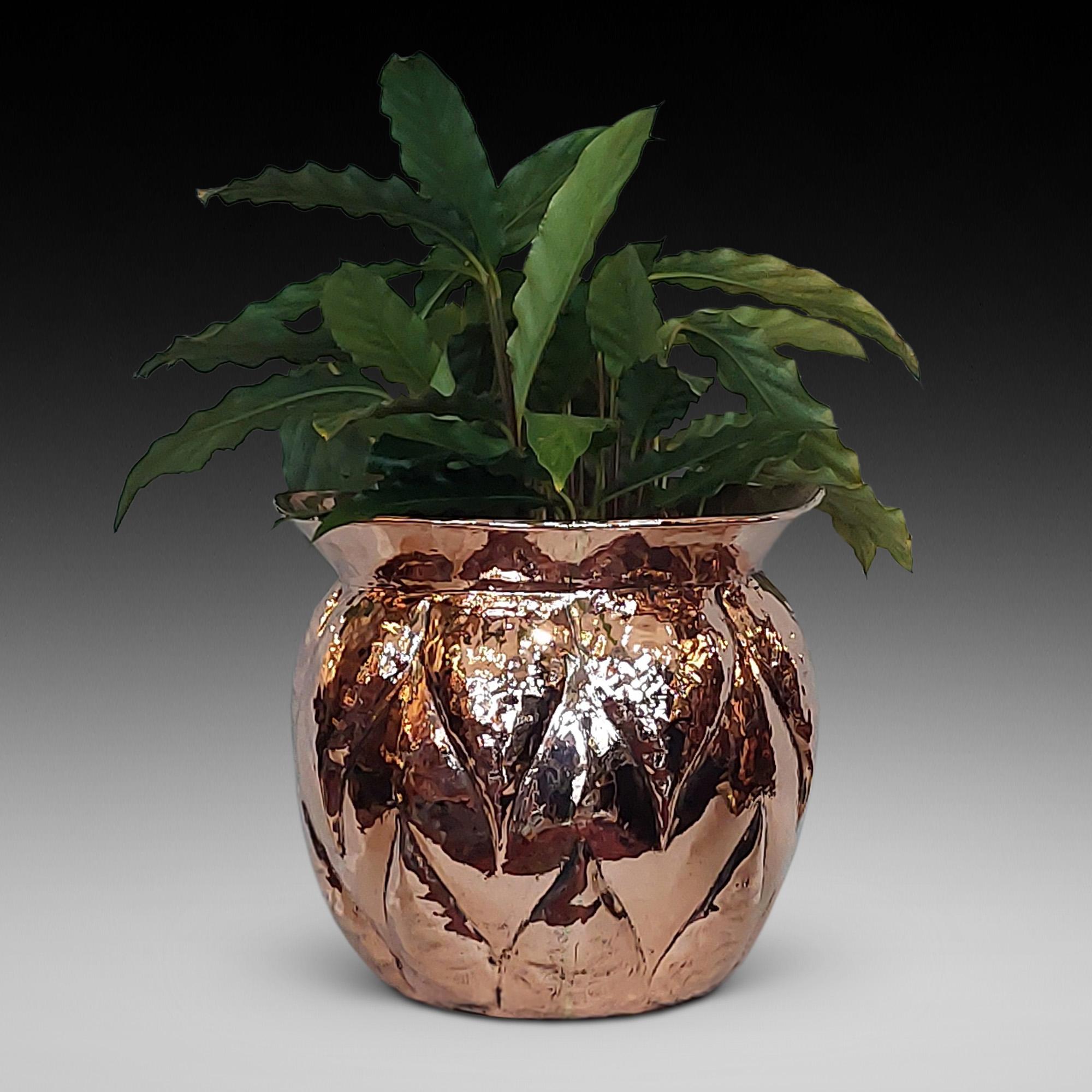 Arts and Crafts Copper Planter Jardiniere with Fern Leaf Decoration - 10.5