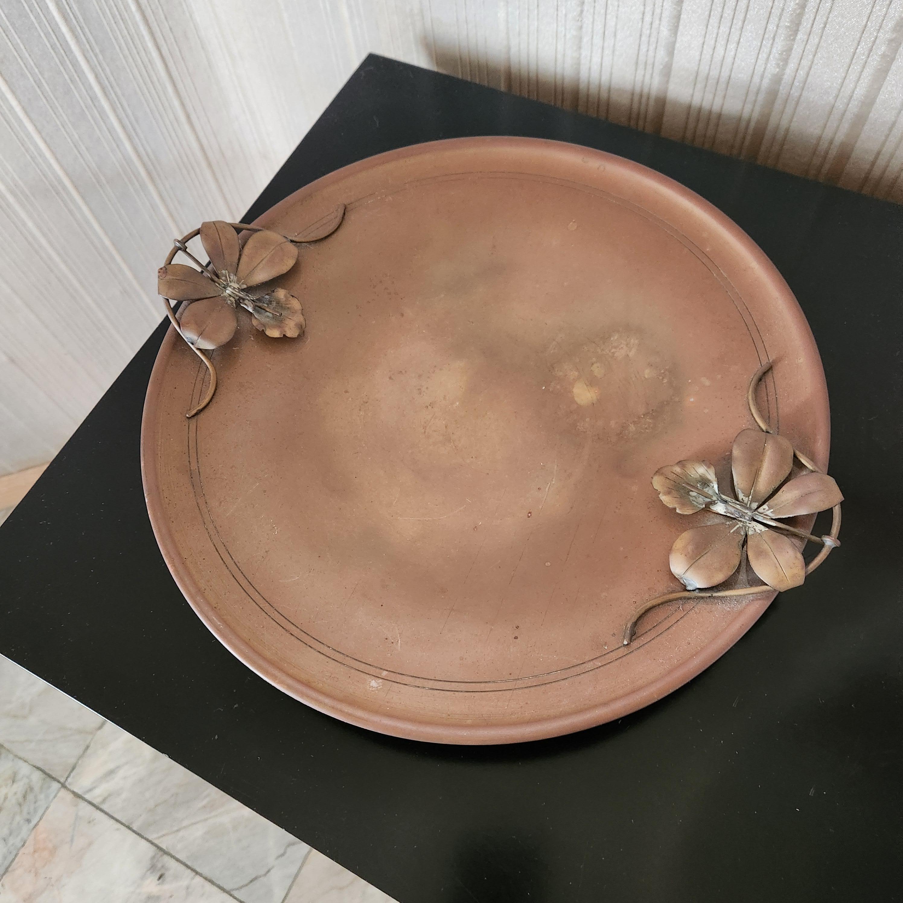 Sculptural Art Nouveau Patinated Brass Footed Plate For Sale 5