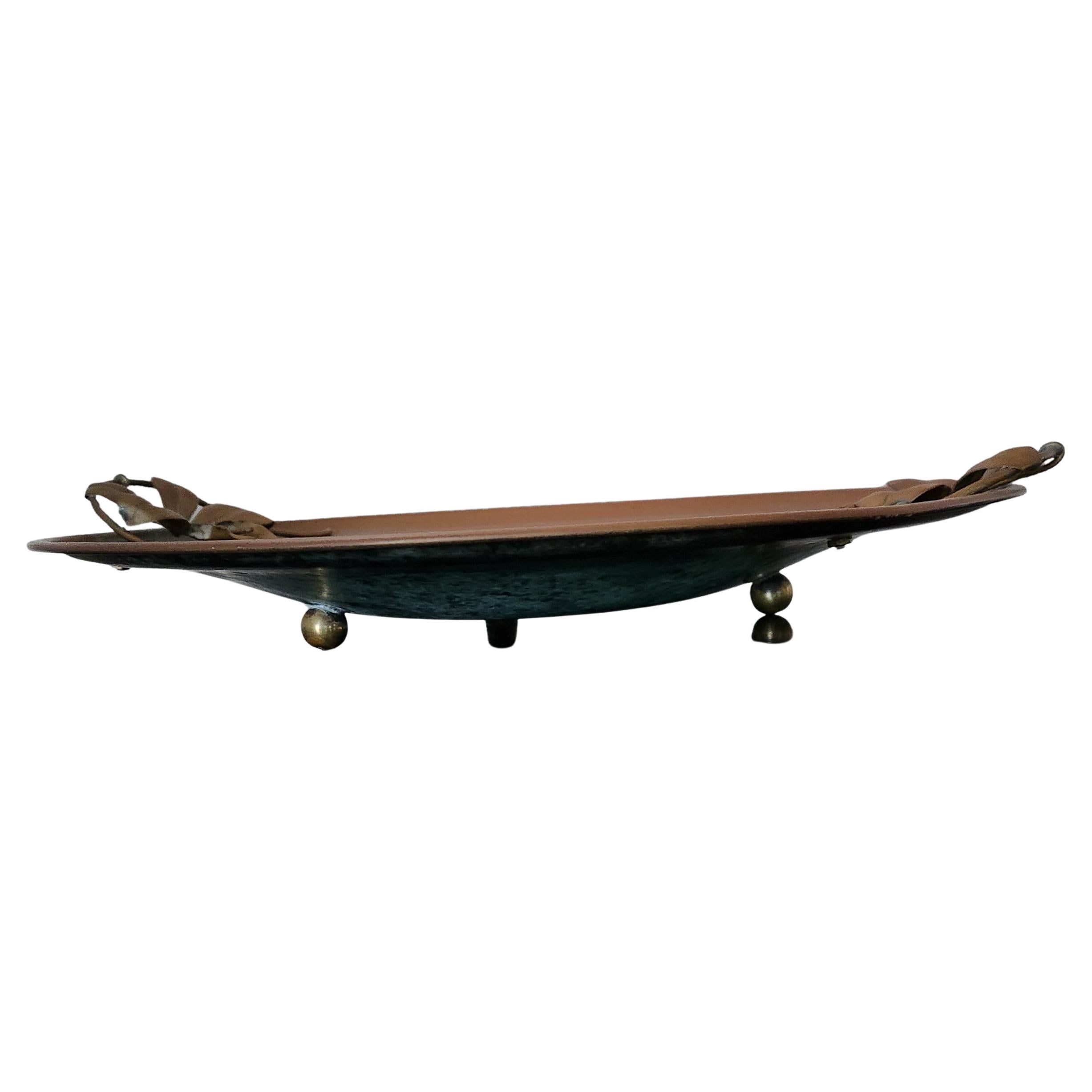 Arts and Crafts Sculptural Art Nouveau Patinated Brass Footed Plate For Sale