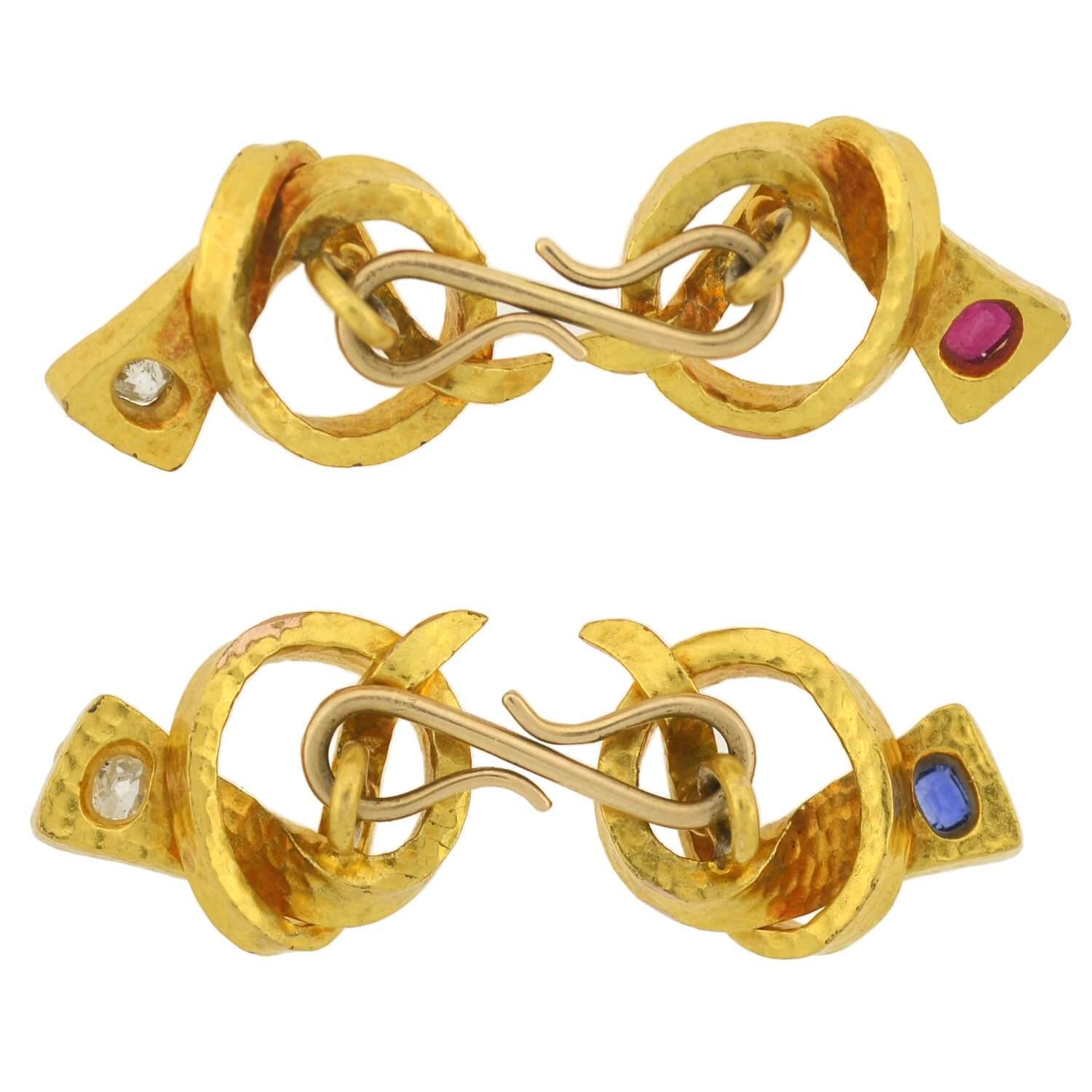 Arts & Crafts Diamond, Ruby and Sapphire Love Knot Nail Cufflinks 2
