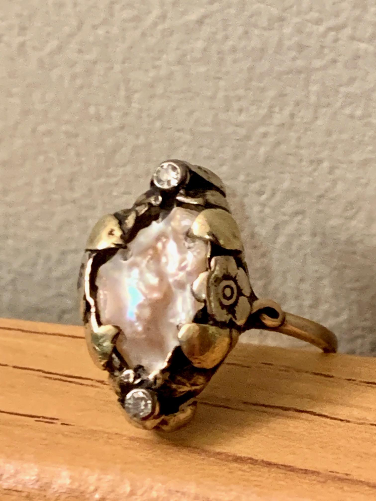Arts & Crafts Early 1900s Freshwater Pearl Floral Motif 14 Karat Gold Ring In Good Condition In St. Louis Park, MN
