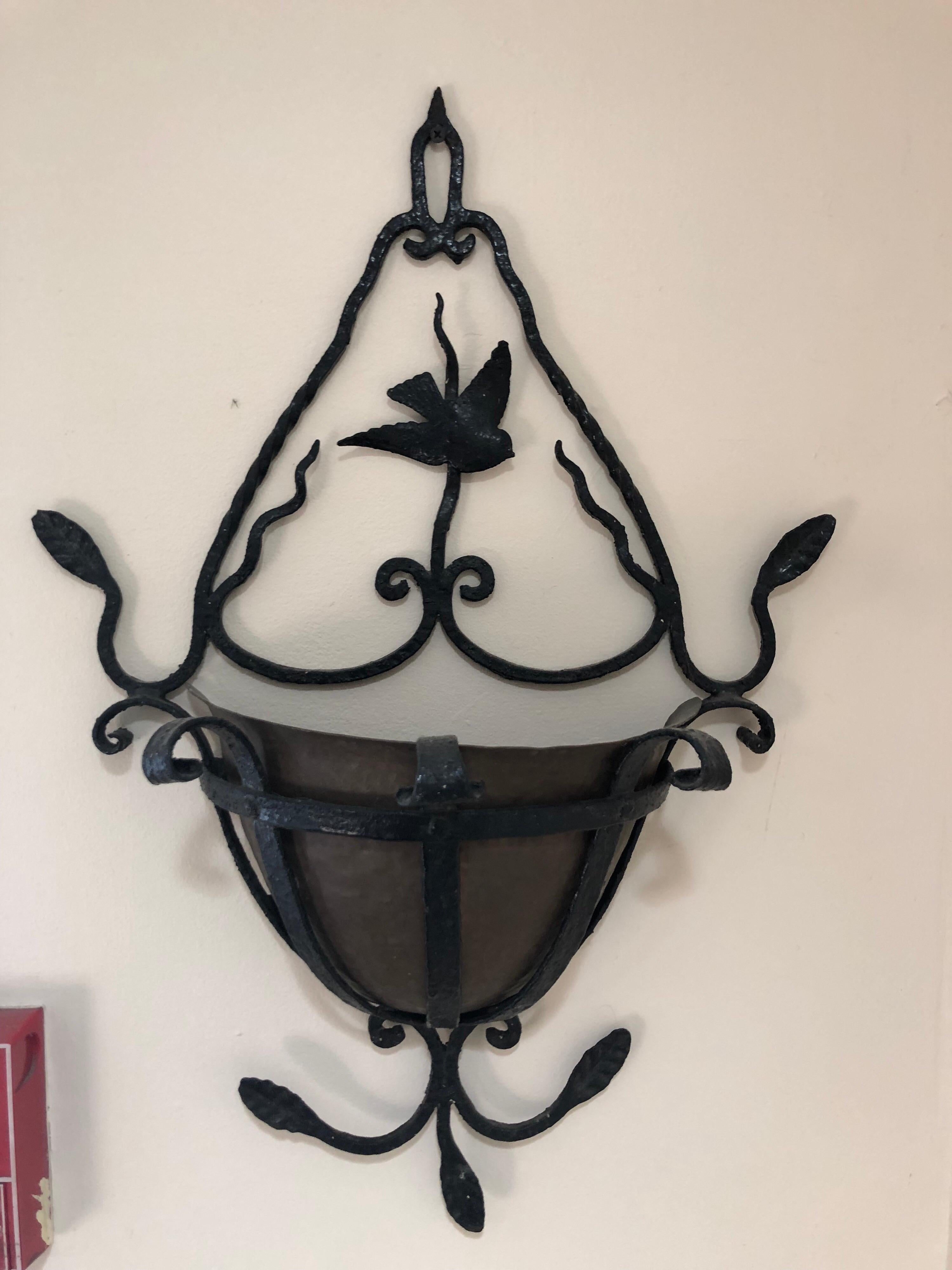 Arts & Crafts early wrought iron wall planter with copper liner. Whimsical motif with birds and vine. Copper insert which is removable. Use as a planter or as a mailbox outside your front door. This item will parcel ship for $45