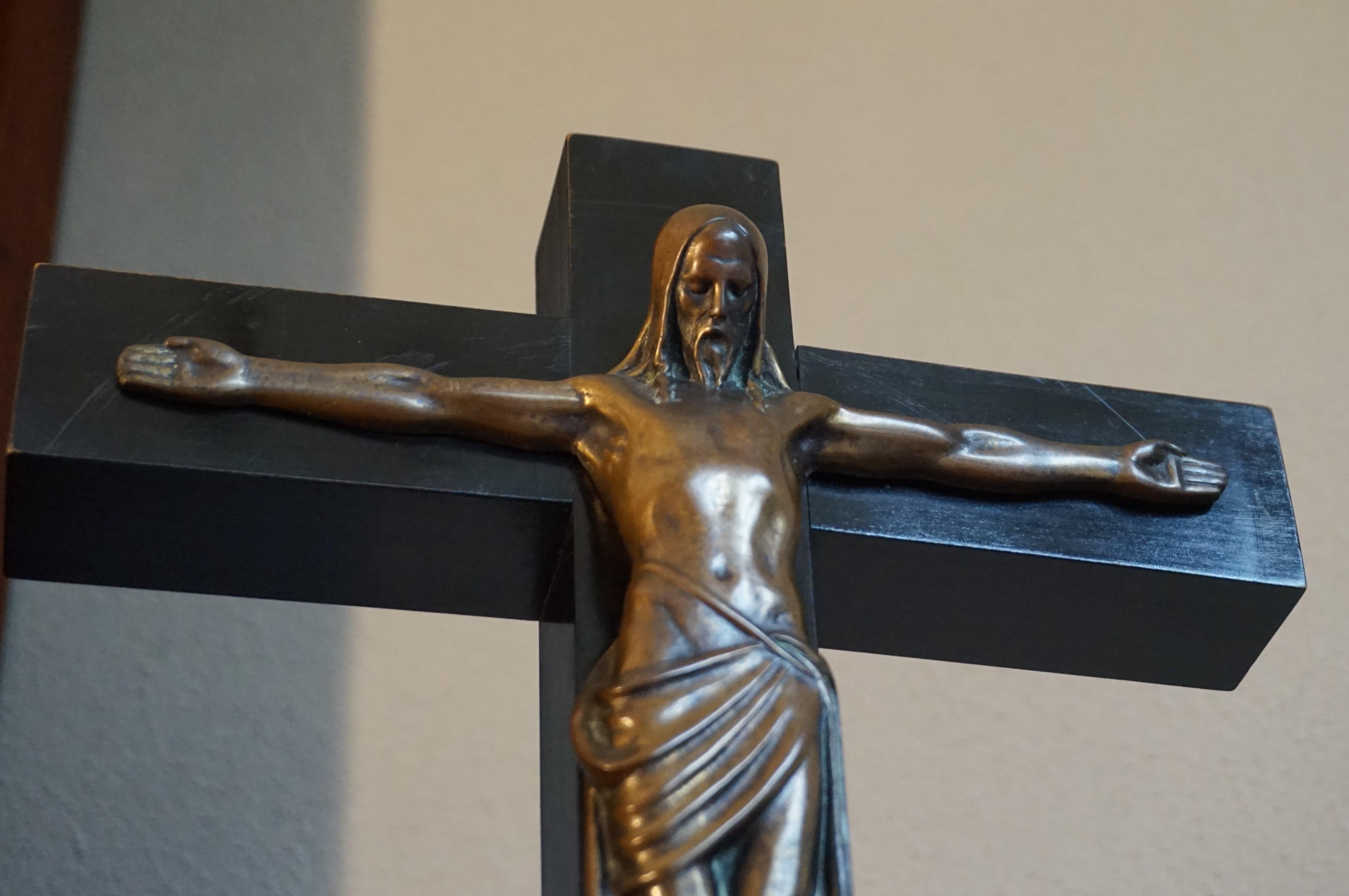 Arts & Crafts Ebonized Wood & Brass Base Crucifix with a Bronze Corpus of Christ 5