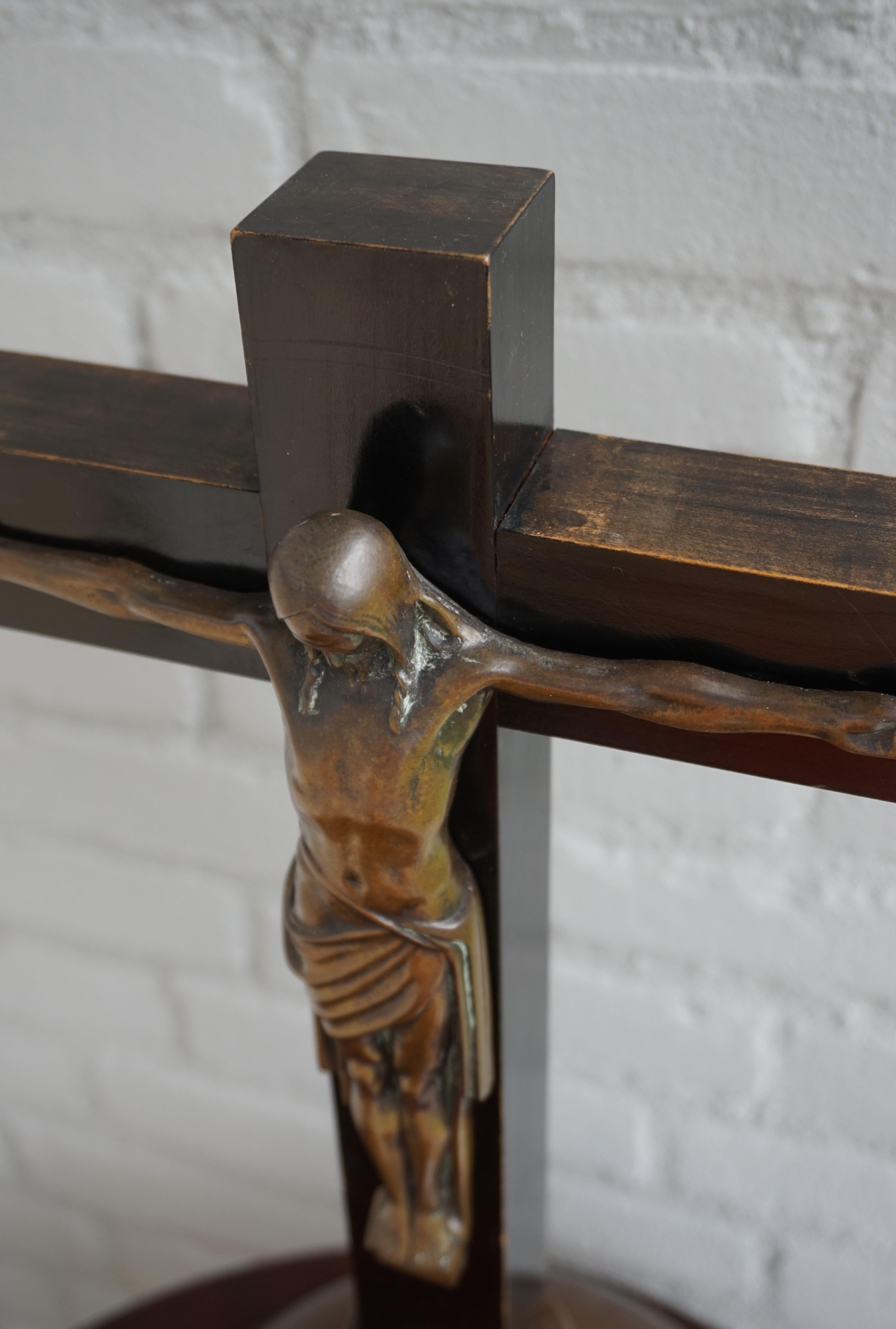 Arts & Crafts Ebonized Wood & Brass Base Crucifix with a Bronze Corpus of Christ 6