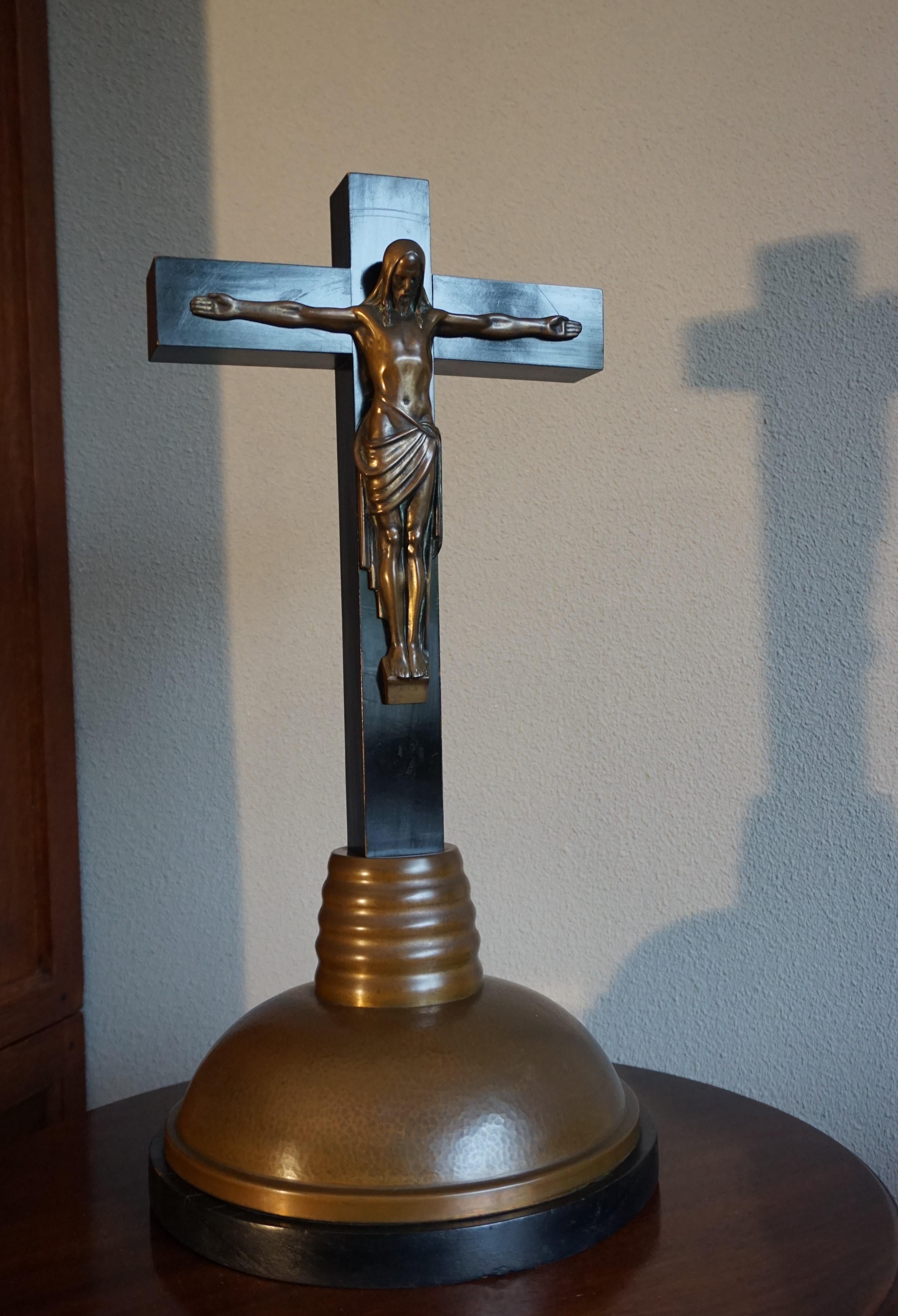 Arts & Crafts Ebonized Wood & Brass Base Crucifix with a Bronze Corpus of Christ 7