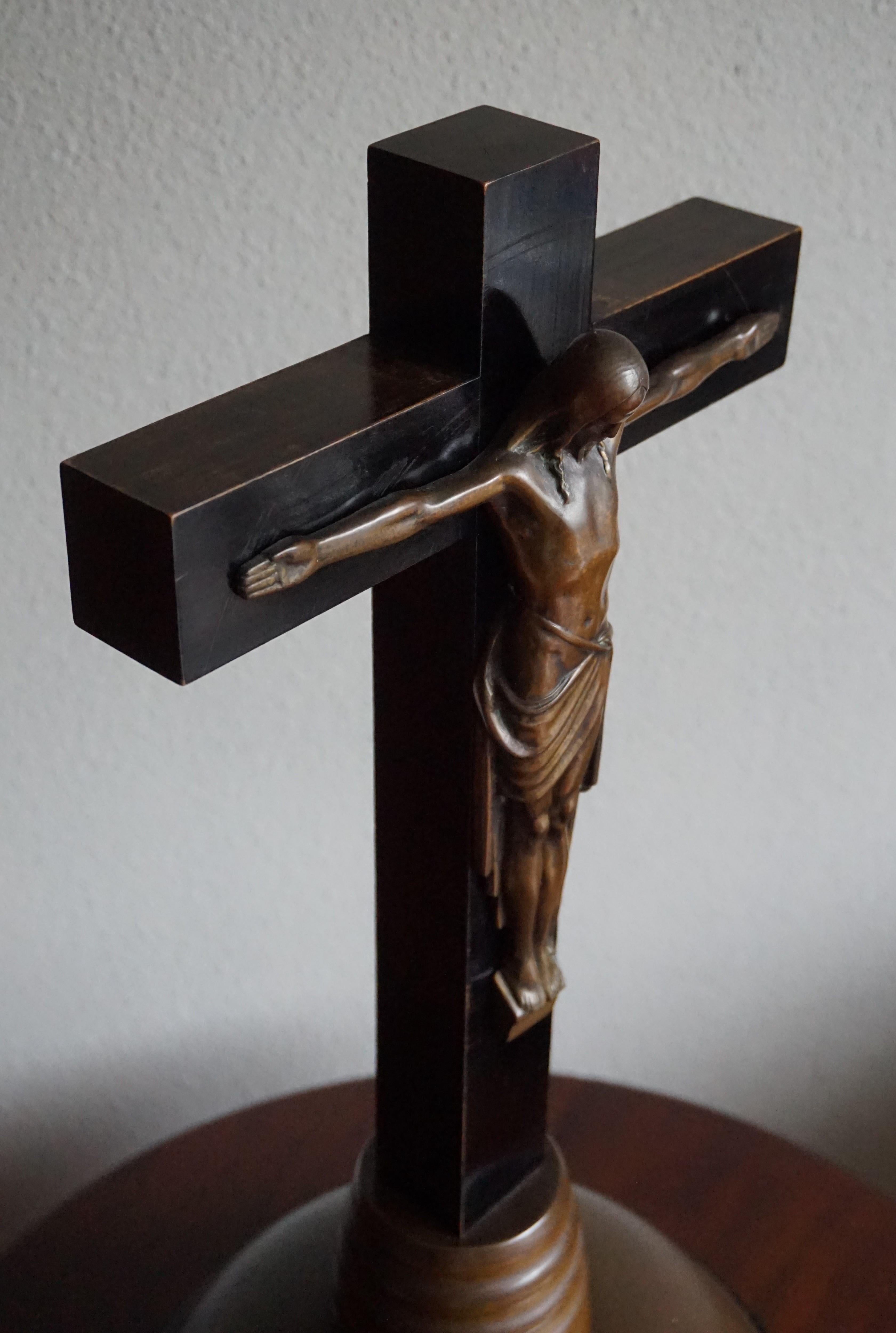 Arts & Crafts Ebonized Wood & Brass Base Crucifix with a Bronze Corpus of Christ 9