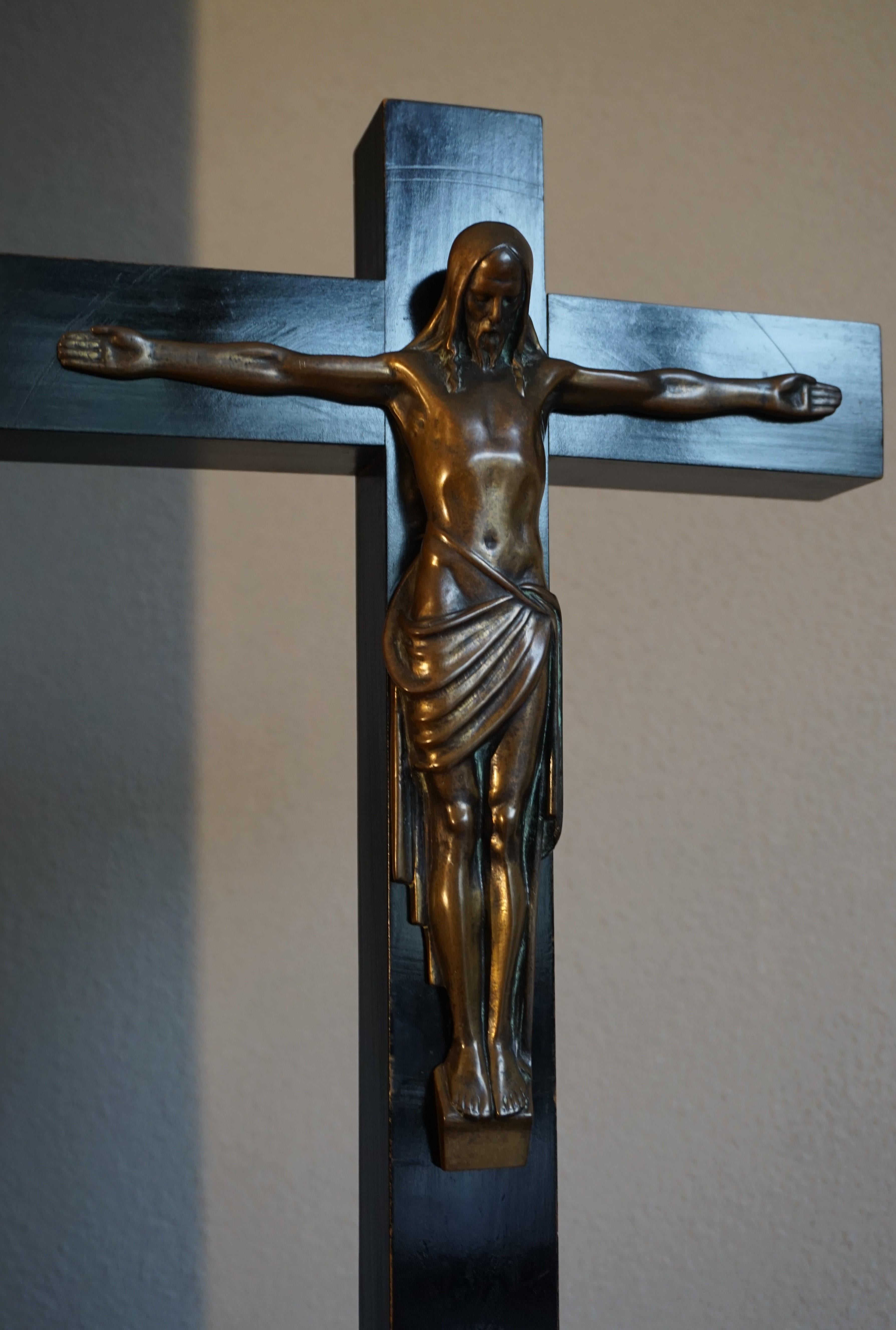 Arts & Crafts Ebonized Wood & Brass Base Crucifix with a Bronze Corpus of Christ 10