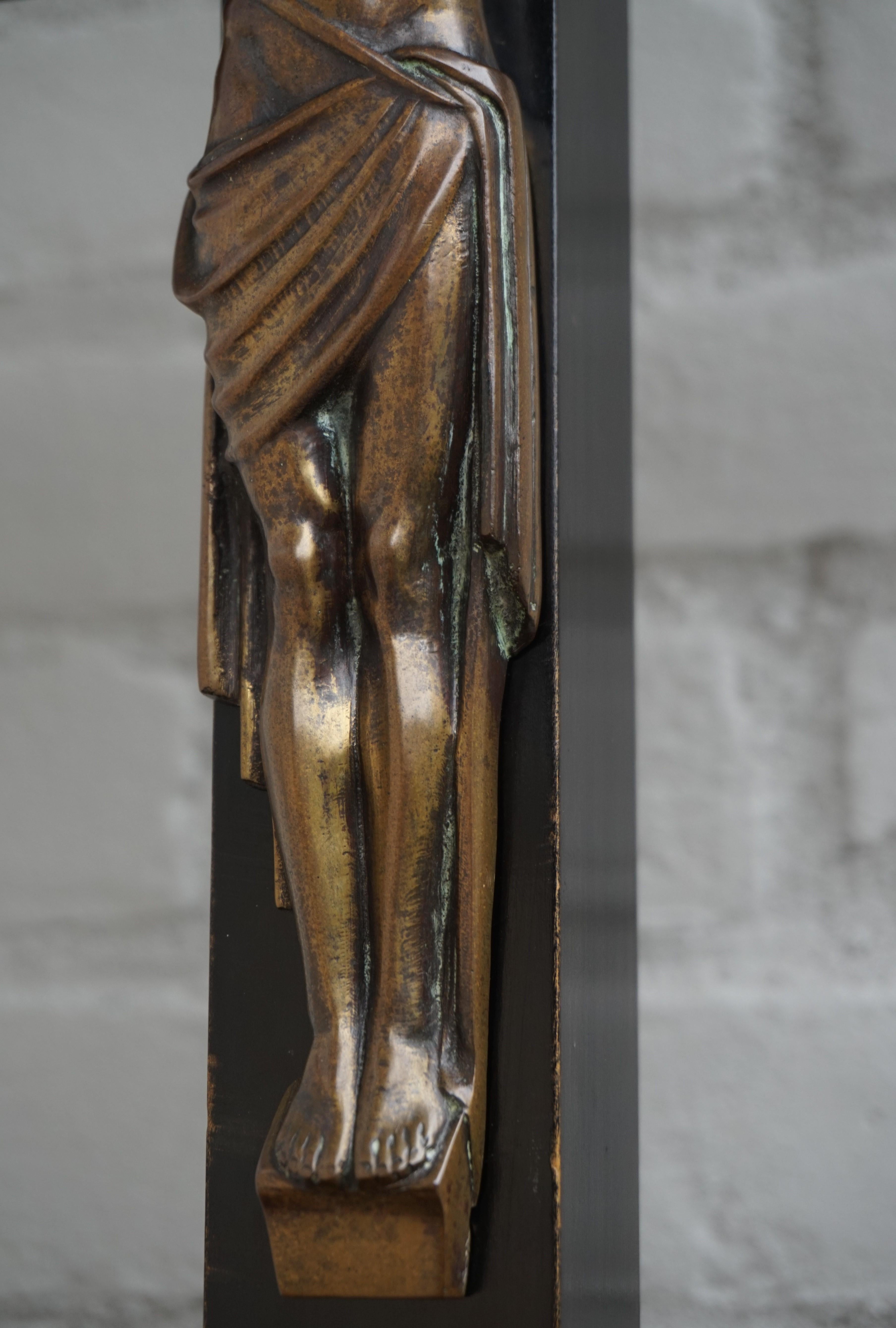 Arts & Crafts Ebonized Wood & Brass Base Crucifix with a Bronze Corpus of Christ 11