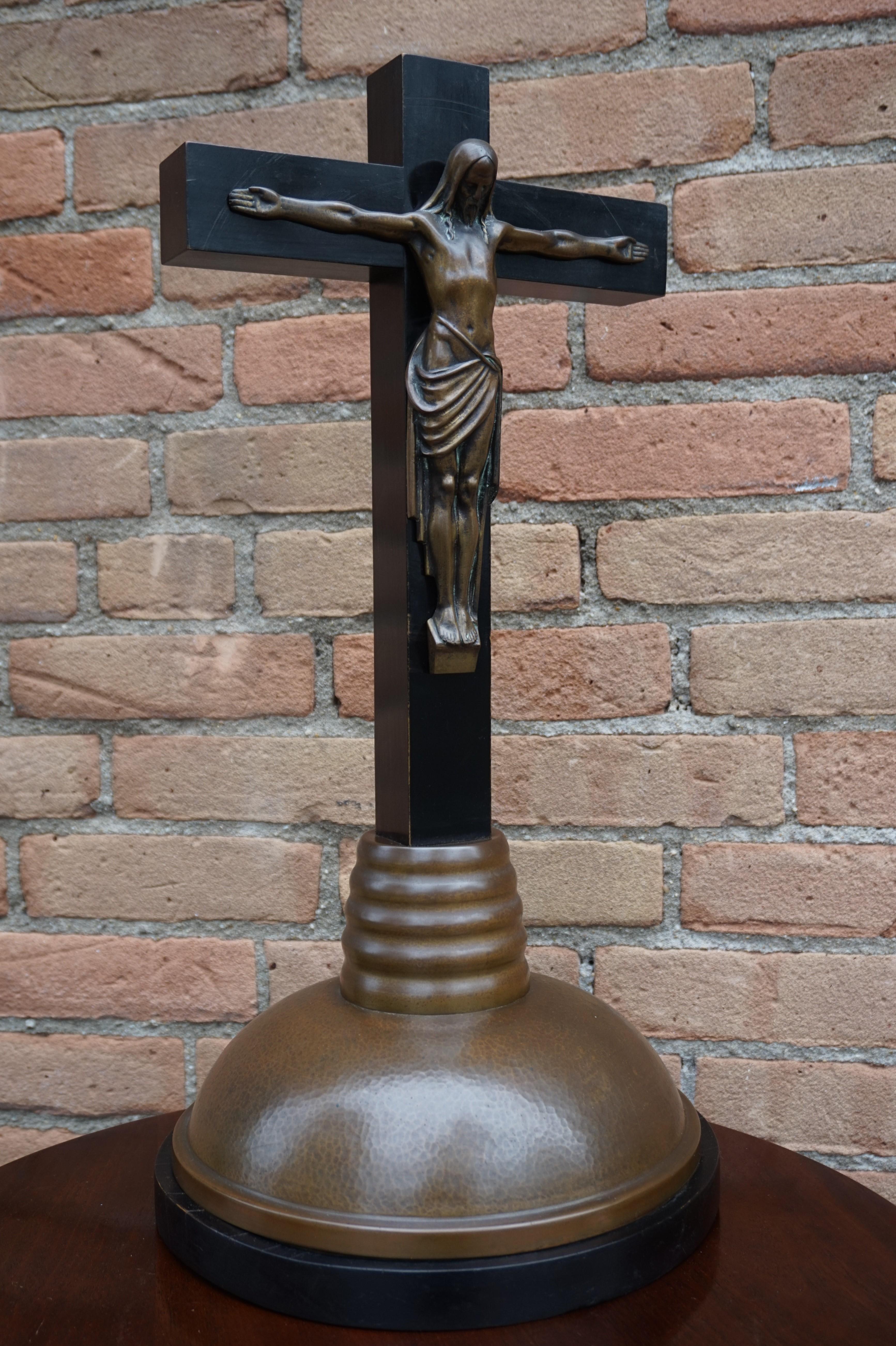 Arts & Crafts Ebonized Wood & Brass Base Crucifix with a Bronze Corpus of Christ 13