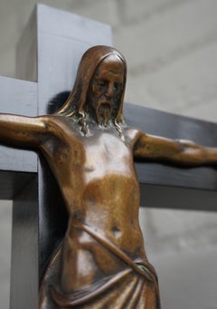Arts & Crafts Ebonized Wood & Brass Base Crucifix with a Bronze Corpus of Christ