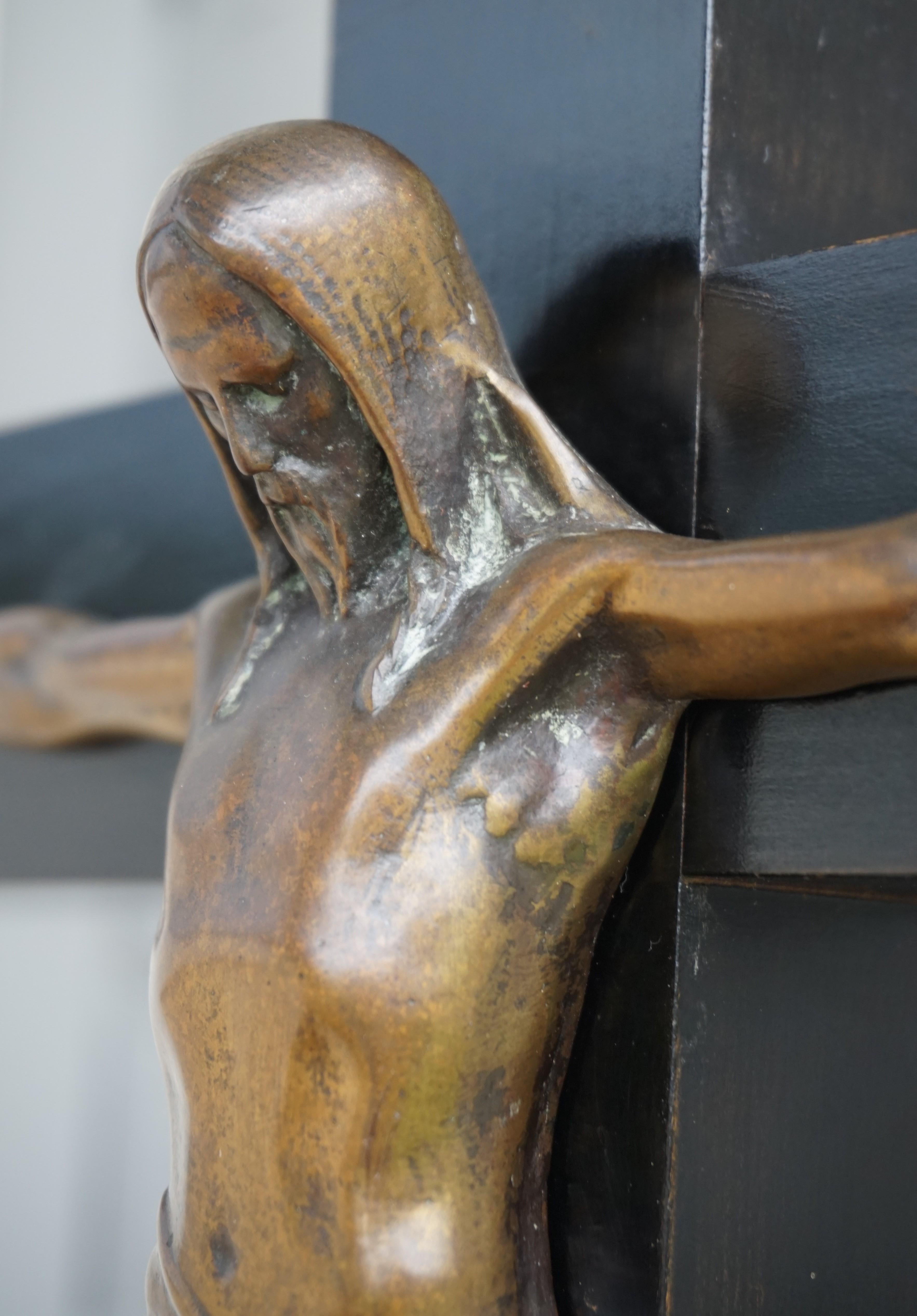 Dutch Arts & Crafts Ebonized Wood & Brass Base Crucifix with a Bronze Corpus of Christ