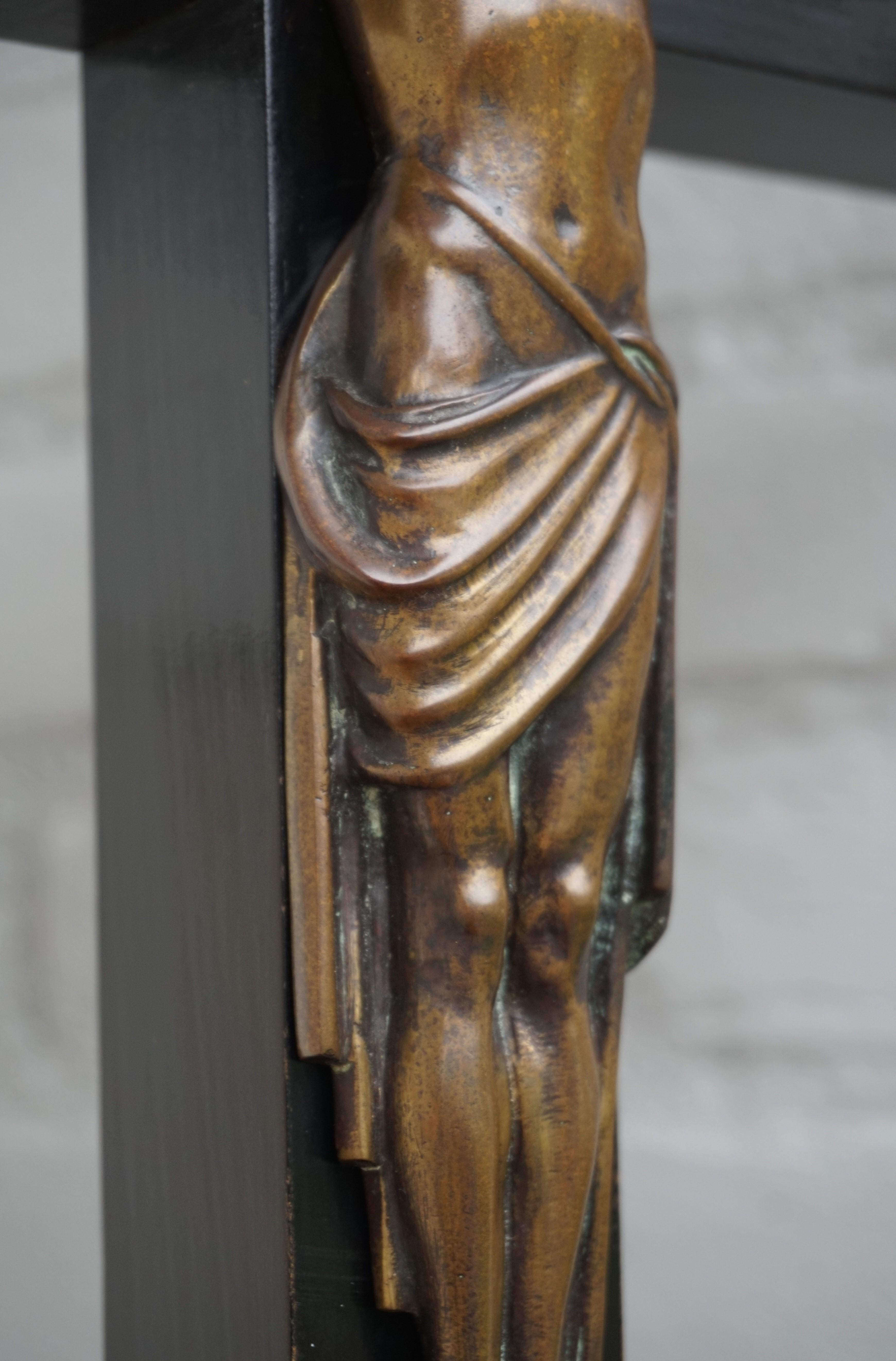 20th Century Arts & Crafts Ebonized Wood & Brass Base Crucifix with a Bronze Corpus of Christ