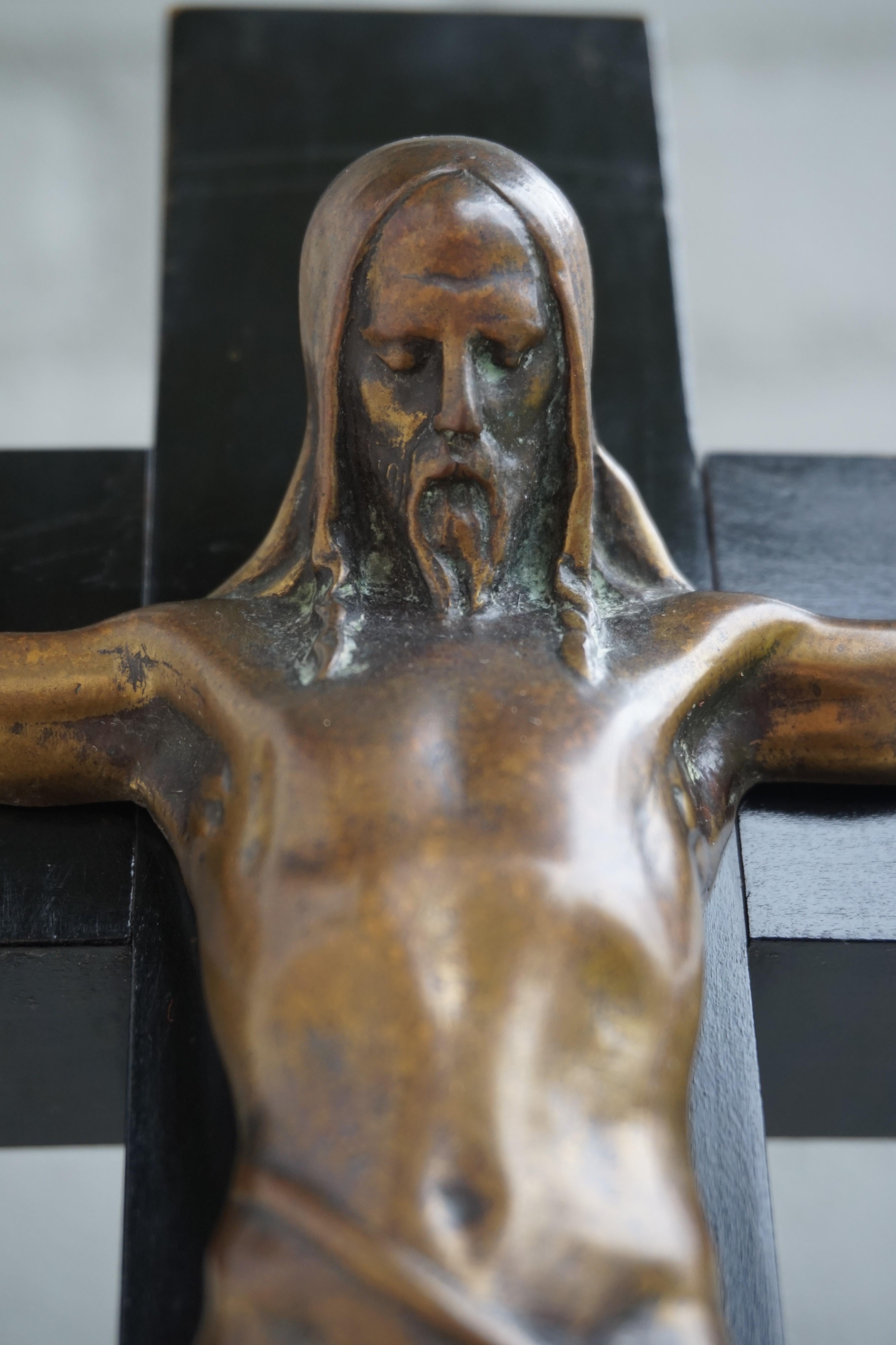 Arts & Crafts Ebonized Wood & Brass Base Crucifix with a Bronze Corpus of Christ 1
