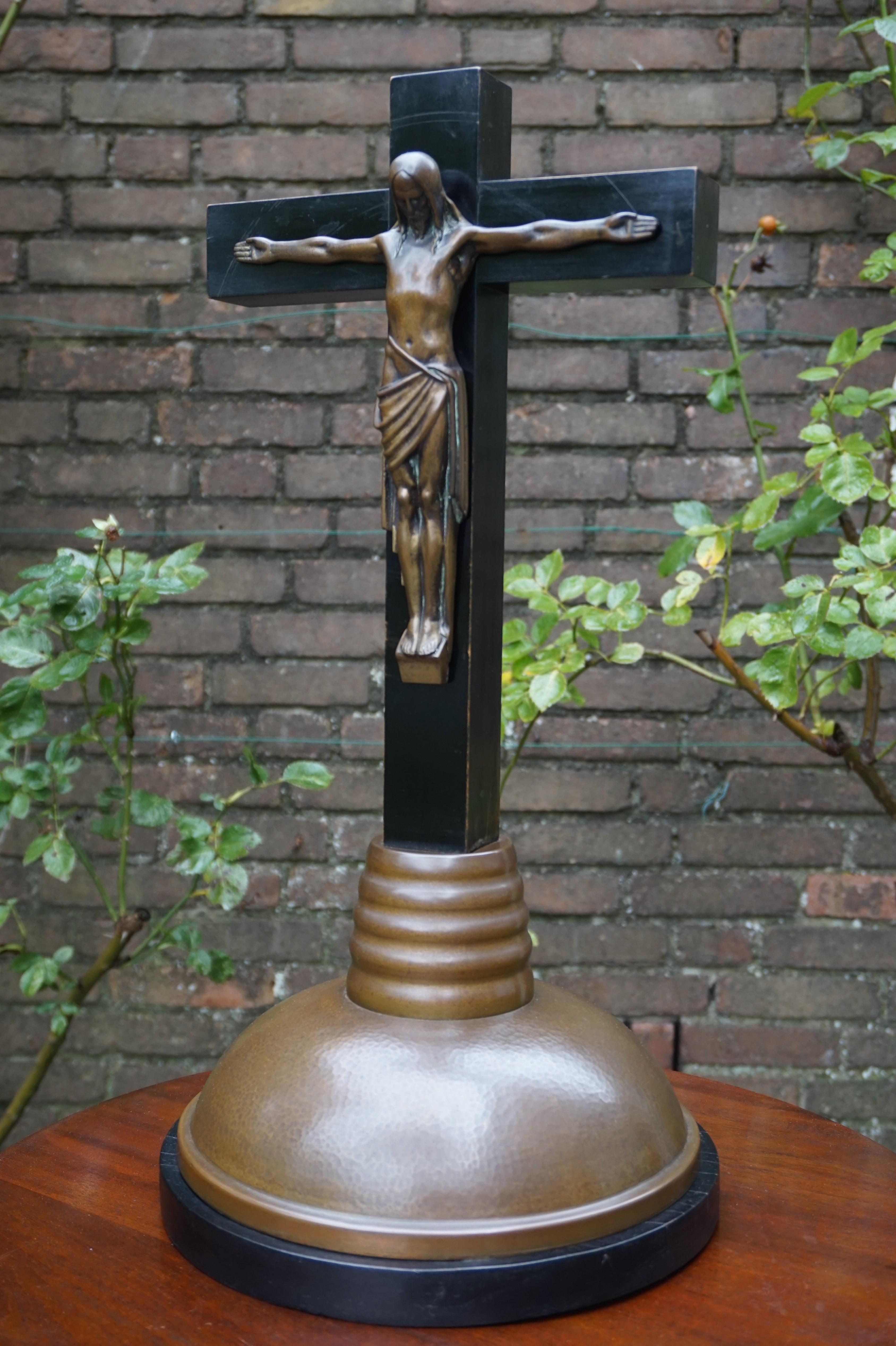 Arts & Crafts Ebonized Wood & Brass Base Crucifix with a Bronze Corpus of Christ 2