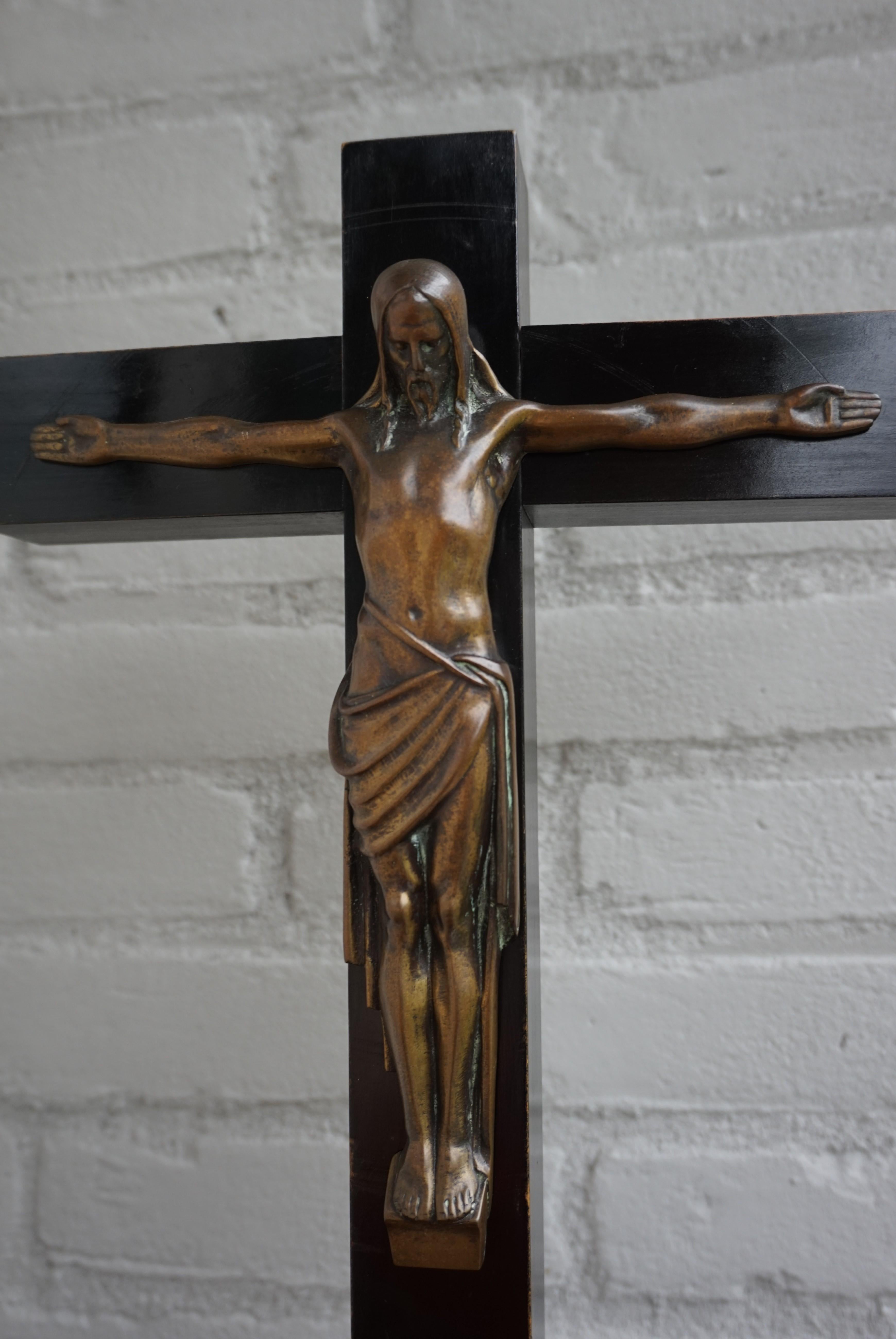 Arts & Crafts Ebonized Wood & Brass Base Crucifix with a Bronze Corpus of Christ 3