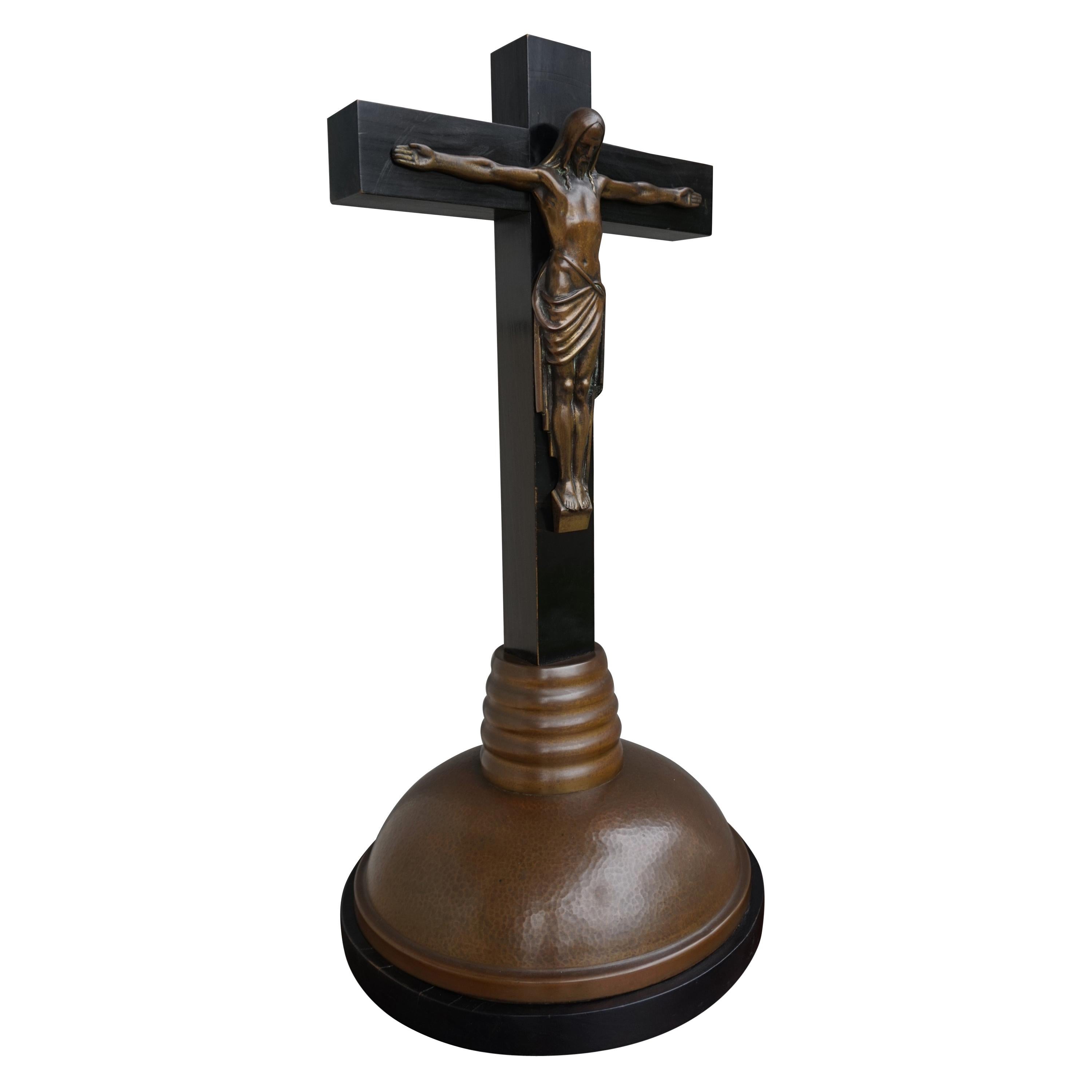 Arts & Crafts Ebonized Wood & Brass Base Crucifix with a Bronze Corpus of Christ