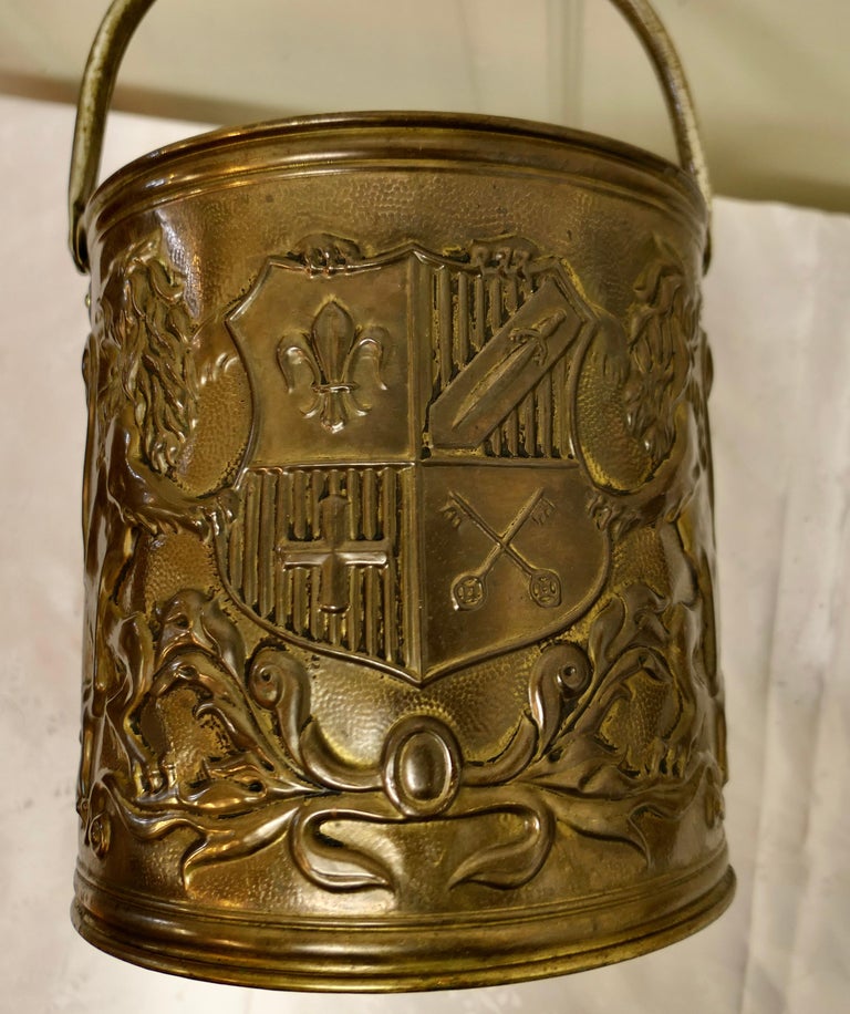 Arts and Crafts Embossed Brass Coal Bucket For Sale at 1stDibs