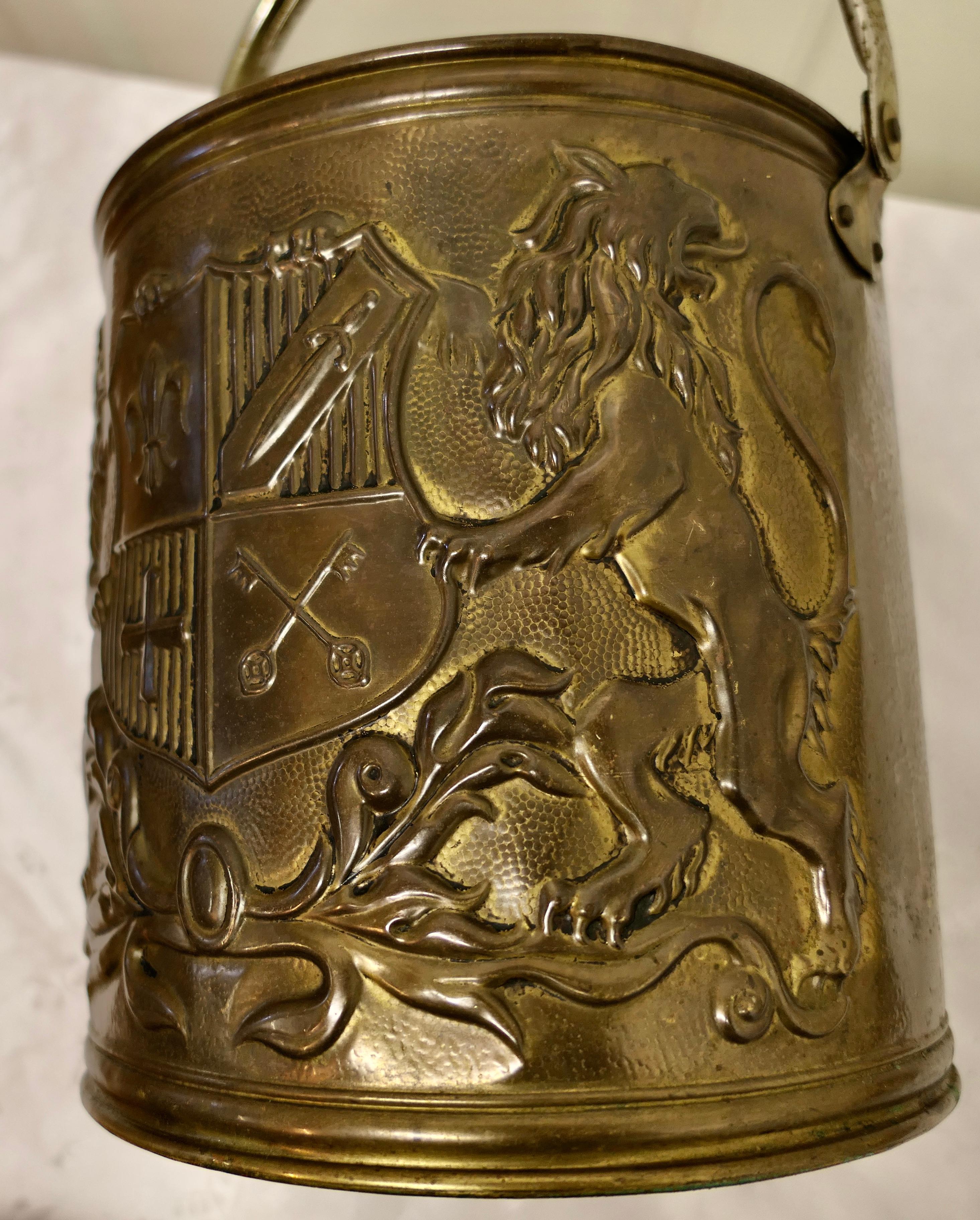 Arts and Crafts Embossed Brass Coal Bucket 1