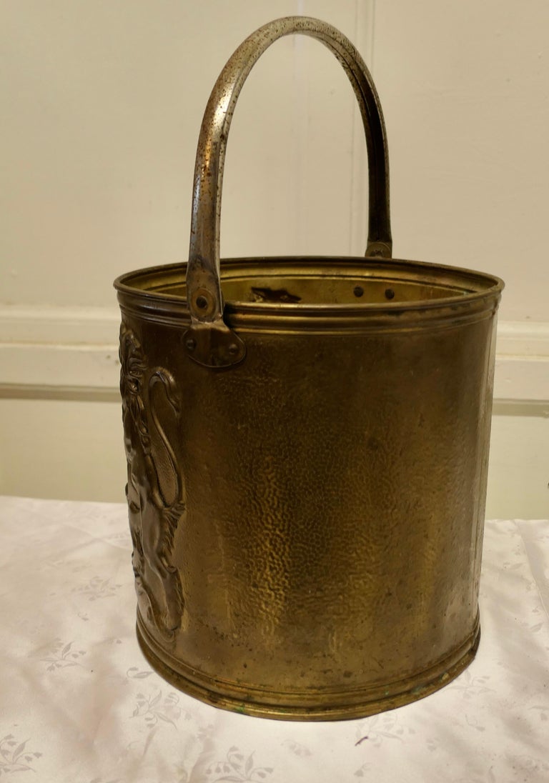 Arts and Crafts Embossed Brass Coal Bucket For Sale at 1stDibs