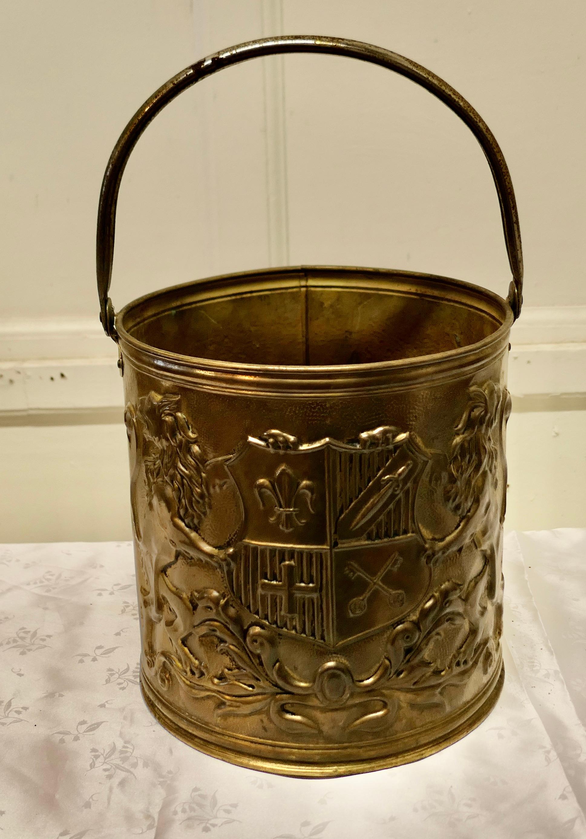 Arts and Crafts Embossed Brass Coal Bucket 4