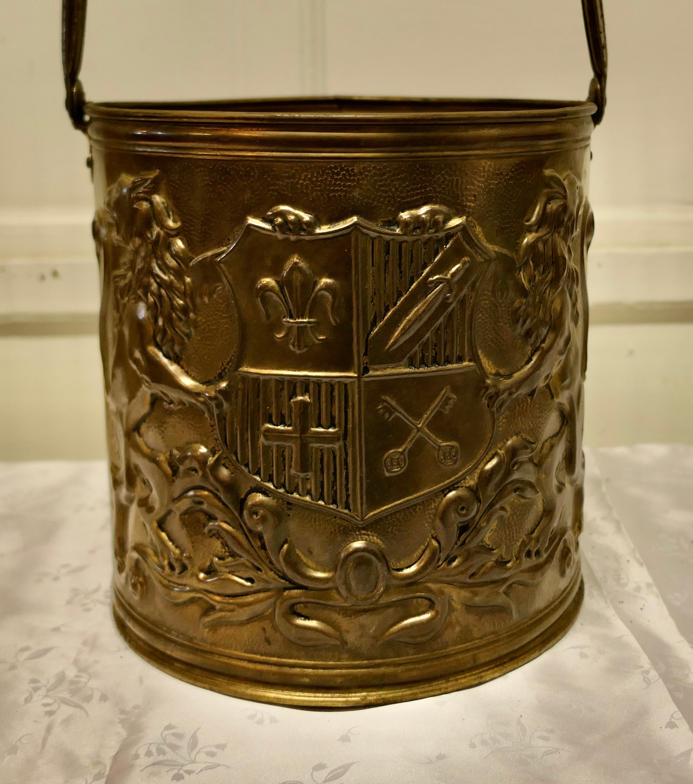 Arts and Crafts Embossed Brass Coal Bucket 5