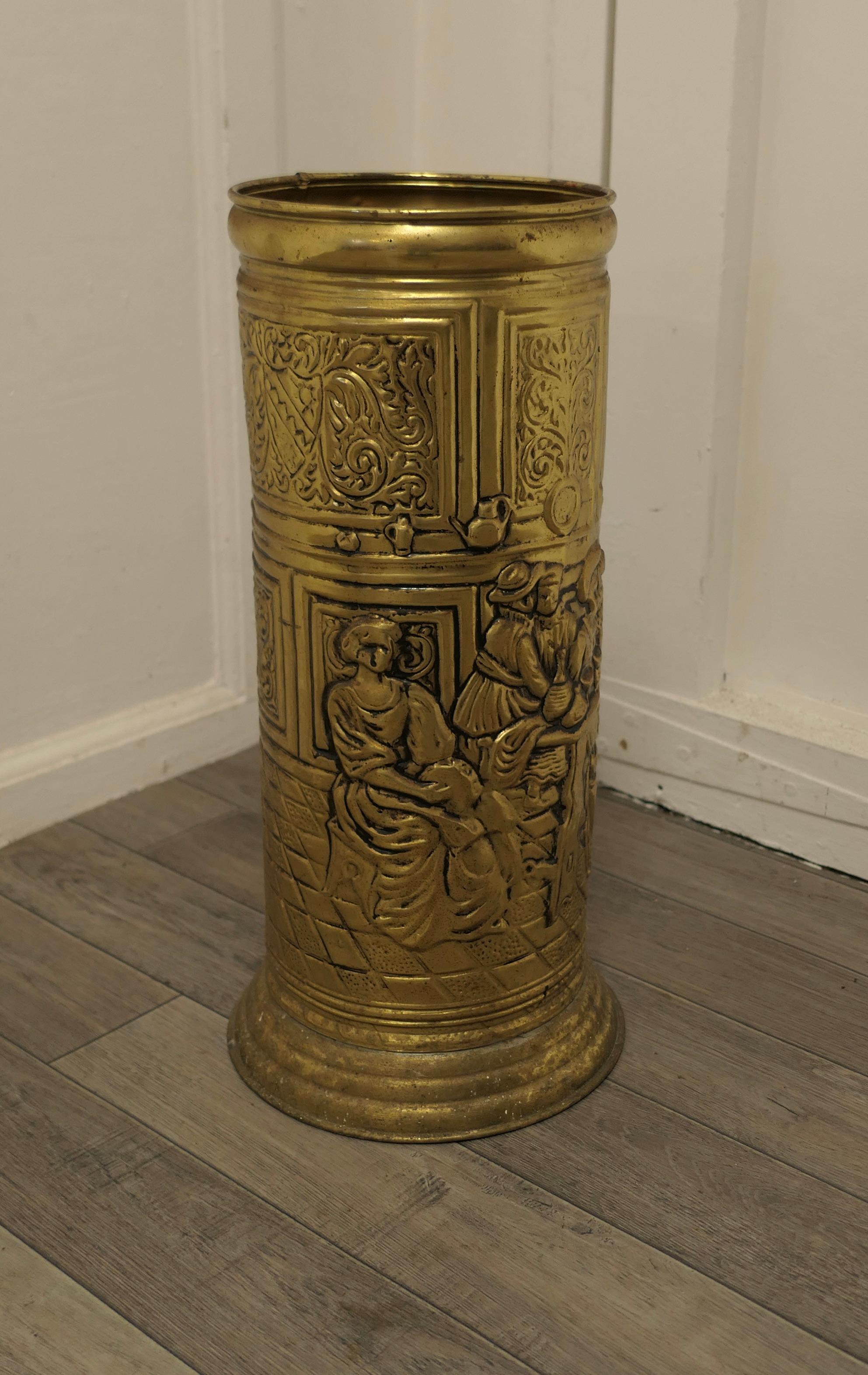 Arts and Crafts Embossed brass stick stand, umbrella stand.


A Good looking piece, the stand is round with an embossed tavern scene showing jolly merry making and drinking
It is 19” high, and 8” in diameter
TJK228.