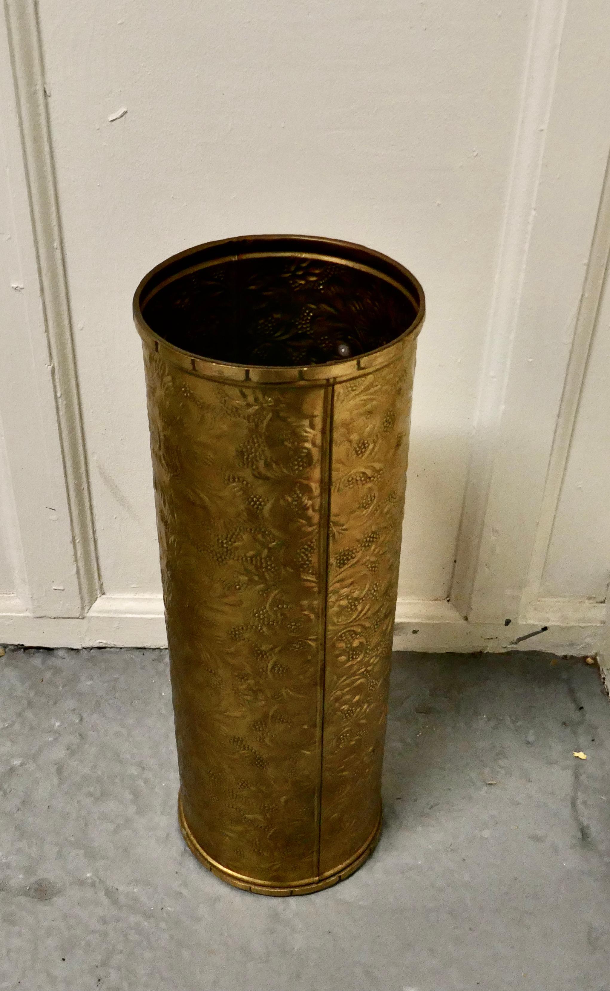 Arts & Crafts Embossed Brass Stick Stand, Umbrella Stand In Good Condition In Chillerton, Isle of Wight