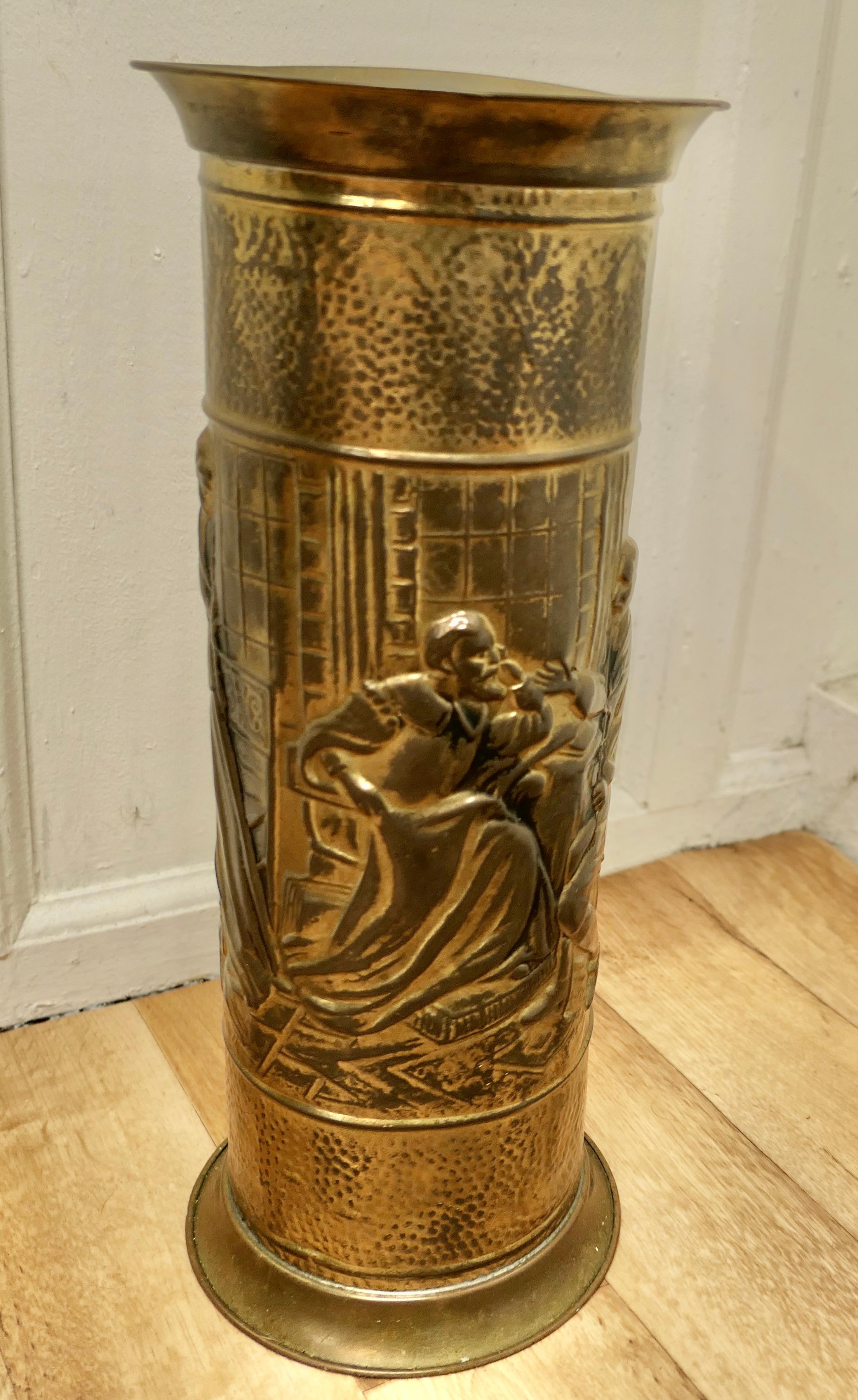 Arts and Crafts Embossed Brass Stick Stand, Umbrella Stand In Good Condition For Sale In Chillerton, Isle of Wight