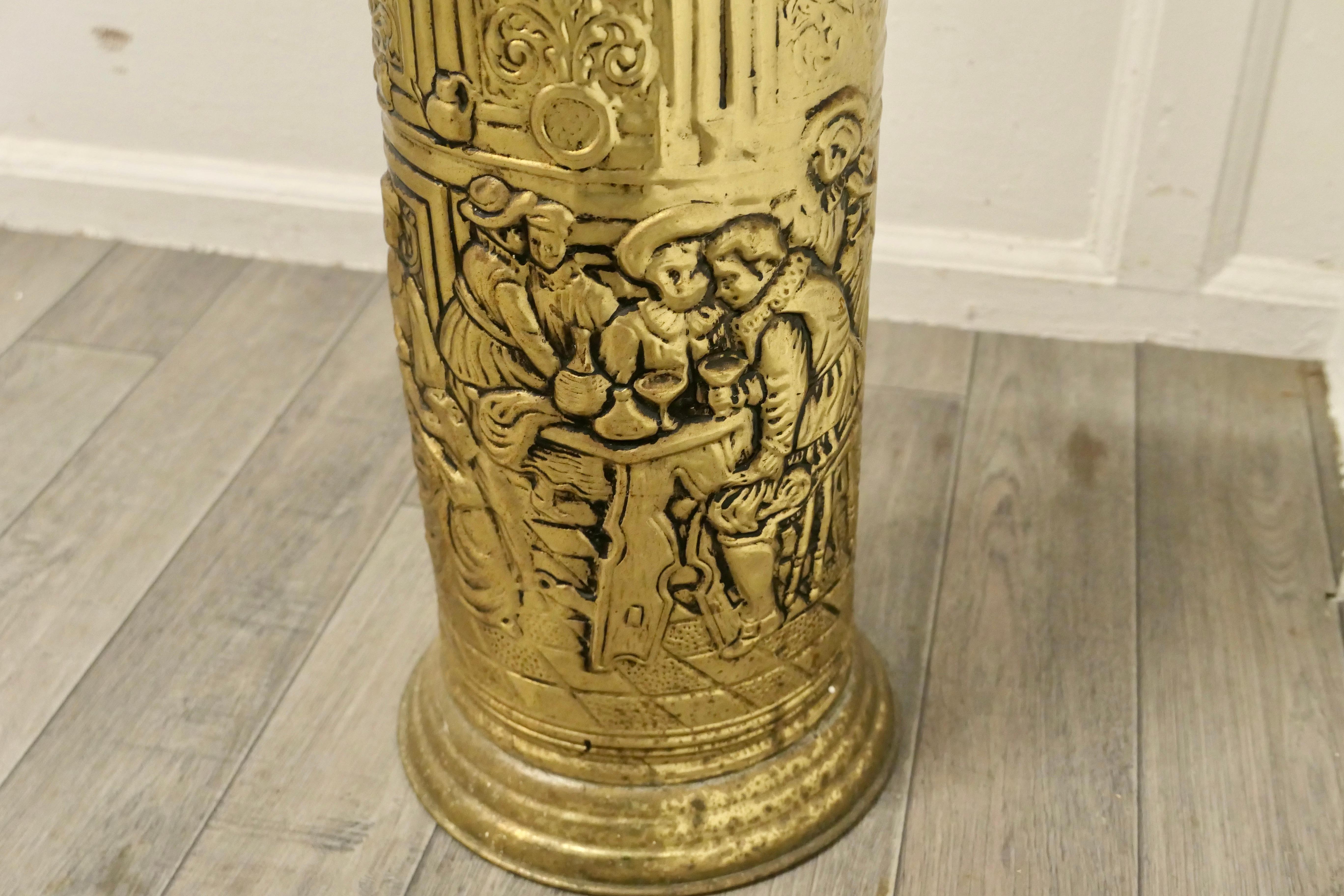 Arts and Crafts Embossed Brass Stick Stand, Umbrella Stand  In Good Condition For Sale In Chillerton, Isle of Wight
