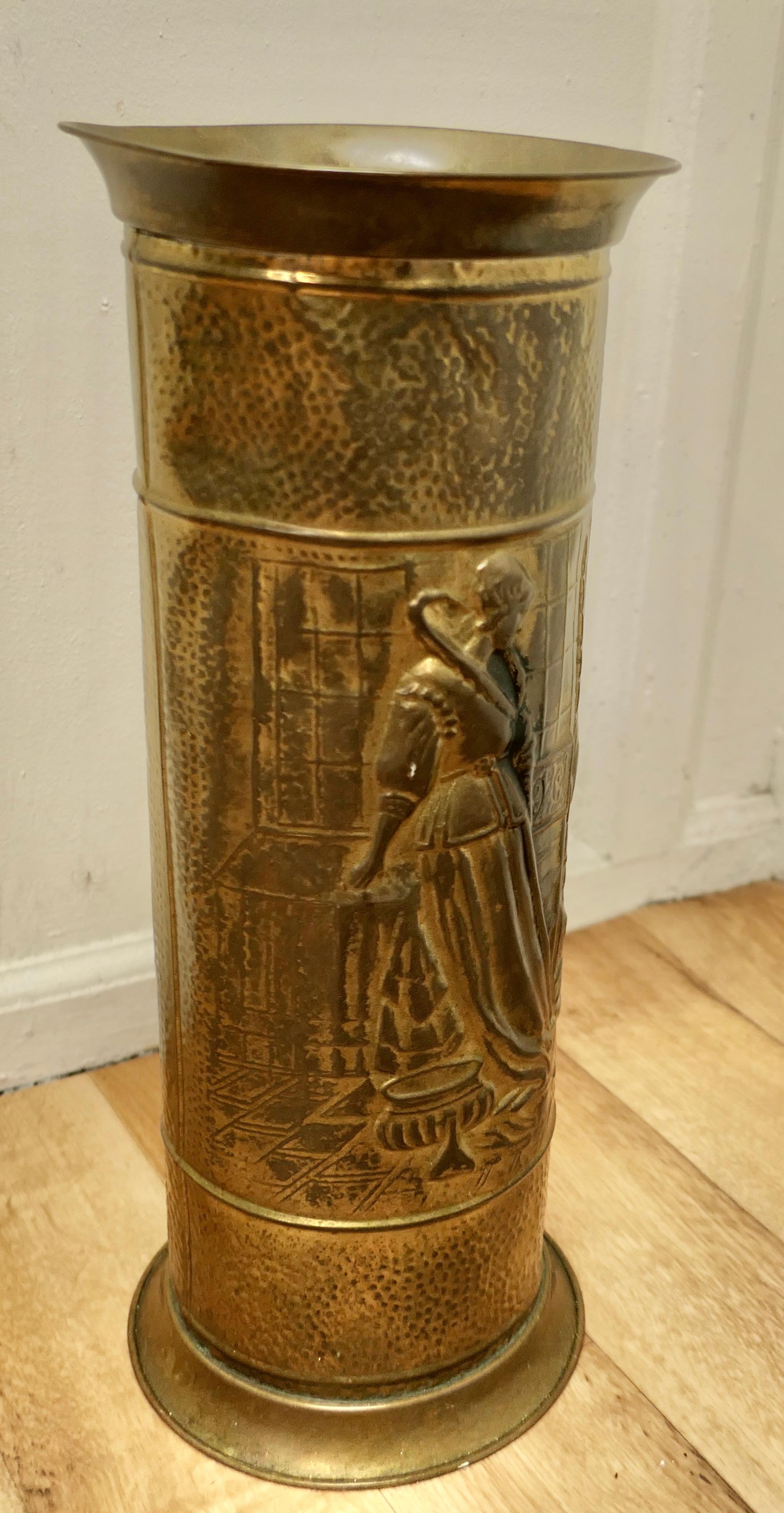 20th Century Arts and Crafts Embossed Brass Stick Stand, Umbrella Stand For Sale