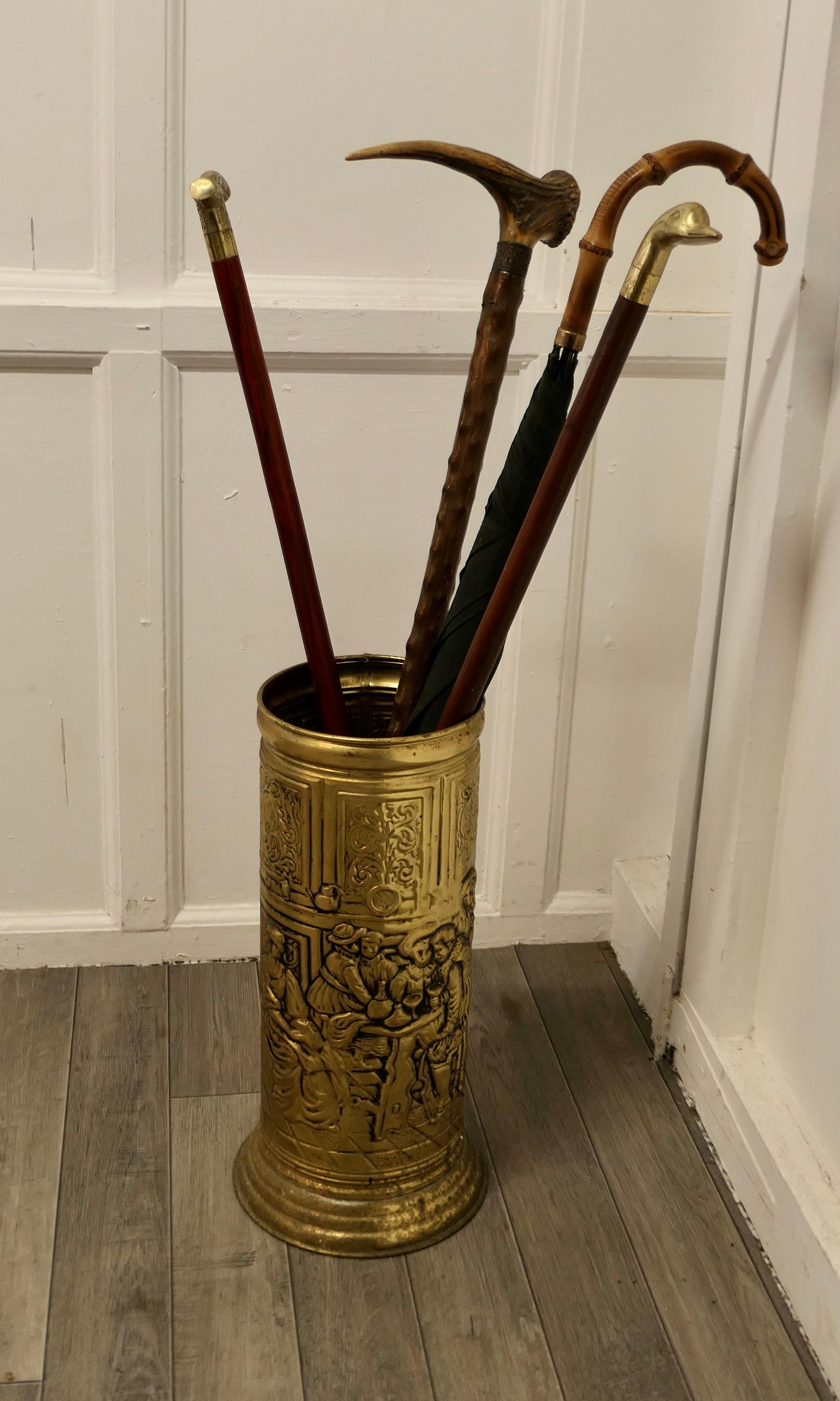 Arts and Crafts Embossed Brass Stick Stand, Umbrella Stand  For Sale 1