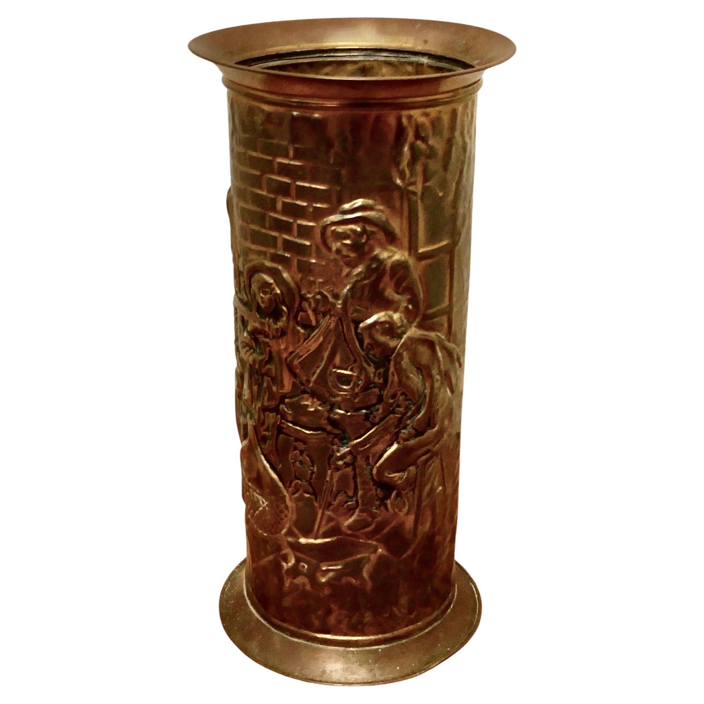 Arts and Crafts Embossed Brass Stick Stand, Umbrella Stand For Sale