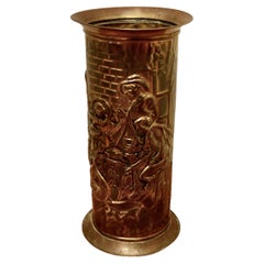 Arts and Crafts Embossed Brass Stick Stand, Umbrella Stand