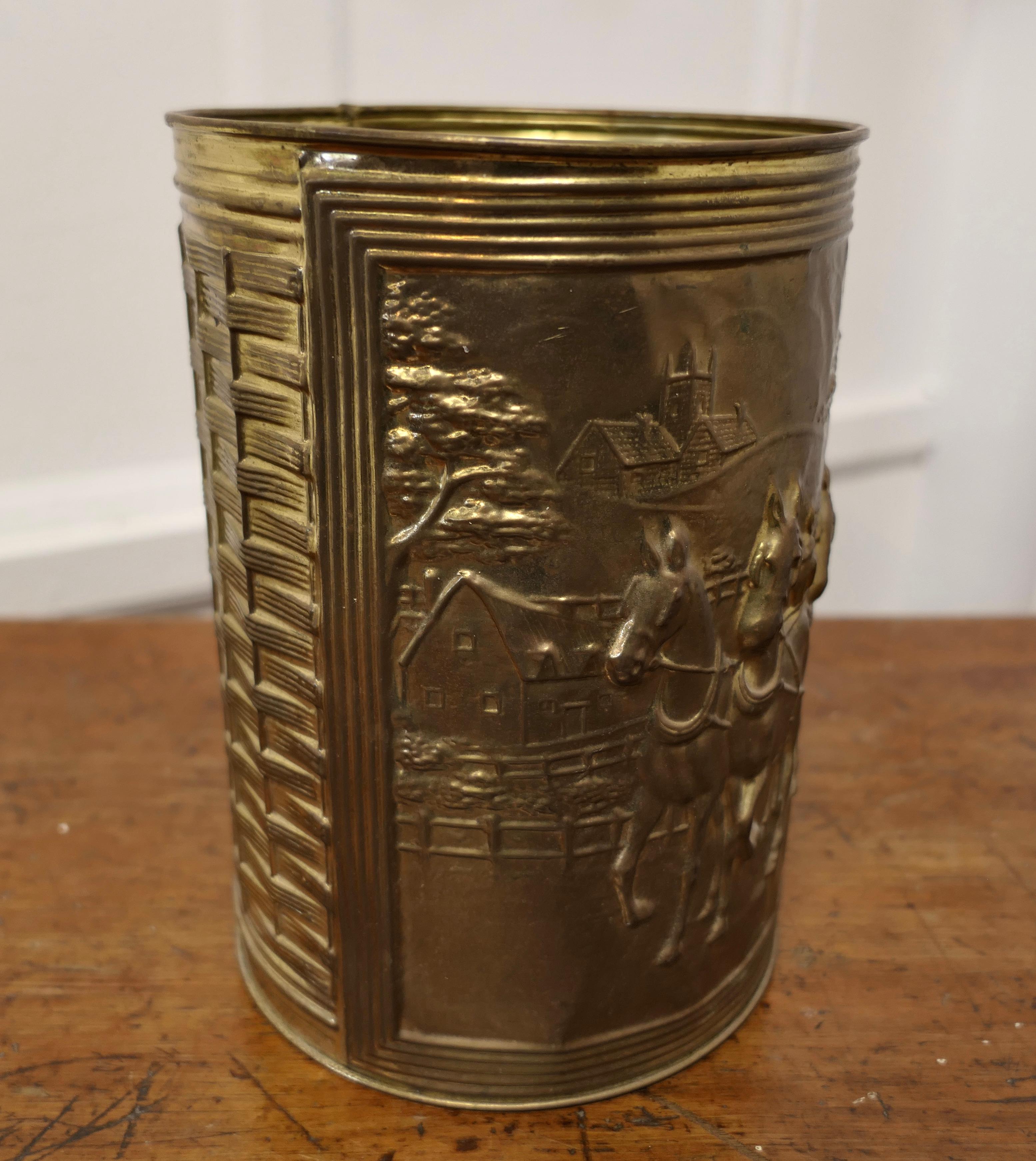 Mid-20th Century Arts and Crafts Embossed Brass Waste Paper Basket  For Sale
