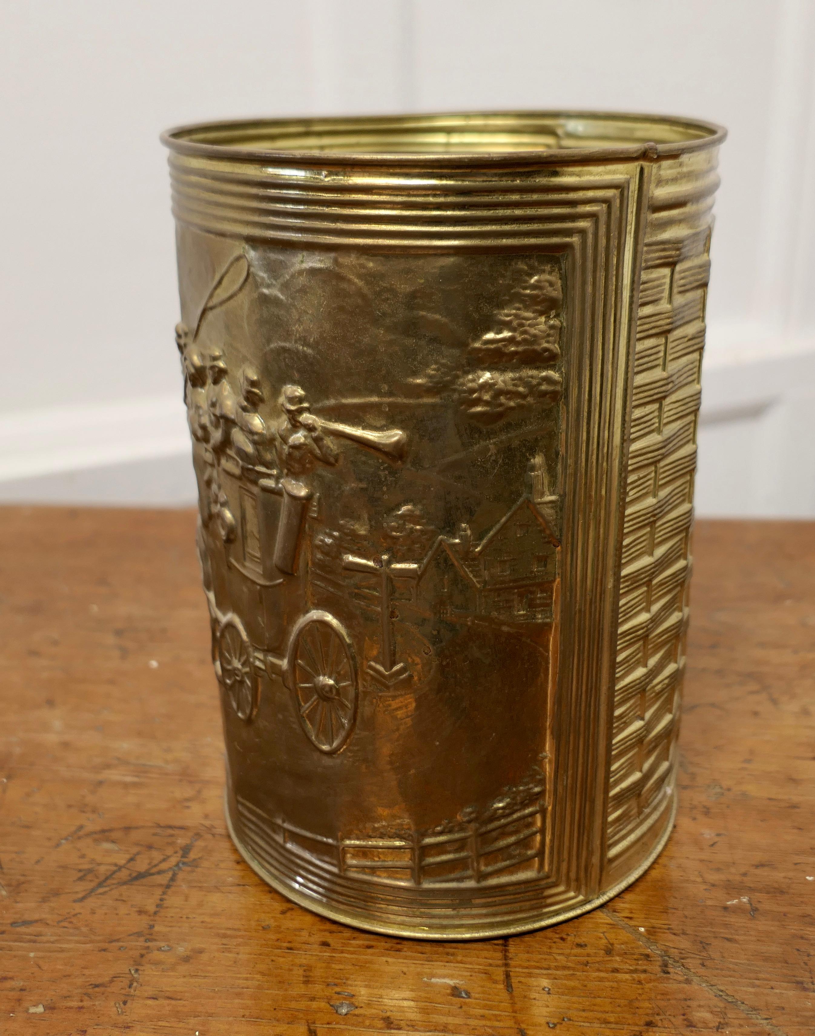 Arts and Crafts Embossed Brass Waste Paper Basket  For Sale 1