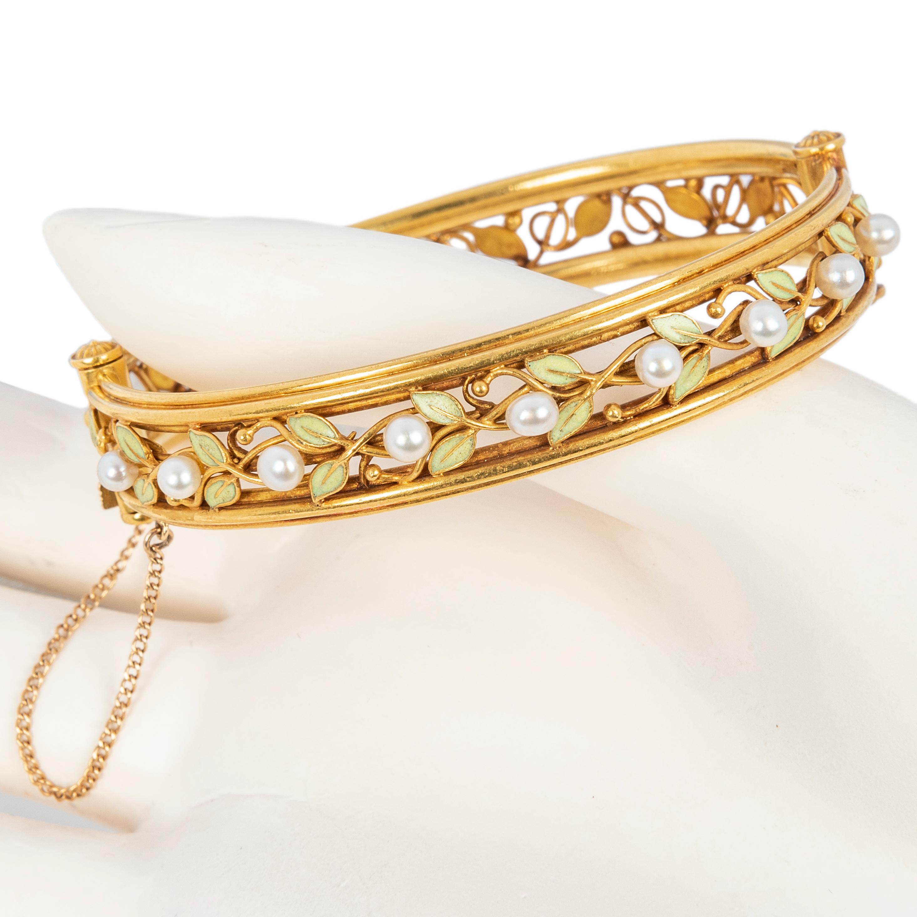 Arts and Crafts Enamel Pearl 18k Gold Bangle Bracelet, circa 1910 3