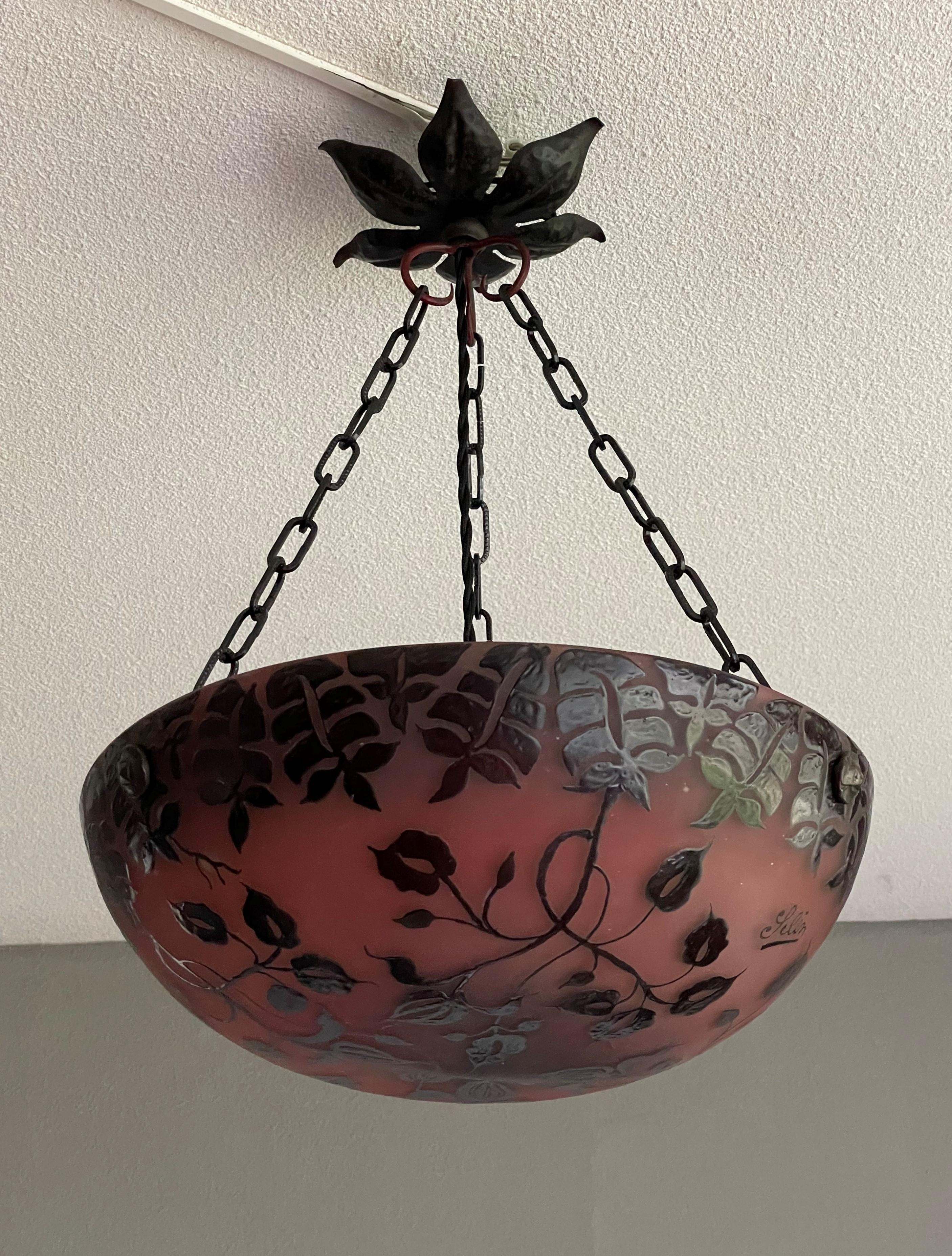 European Arts and Crafts Enameled Glass Pendant w. Floral Pattern & Wrought Iron Canopy For Sale