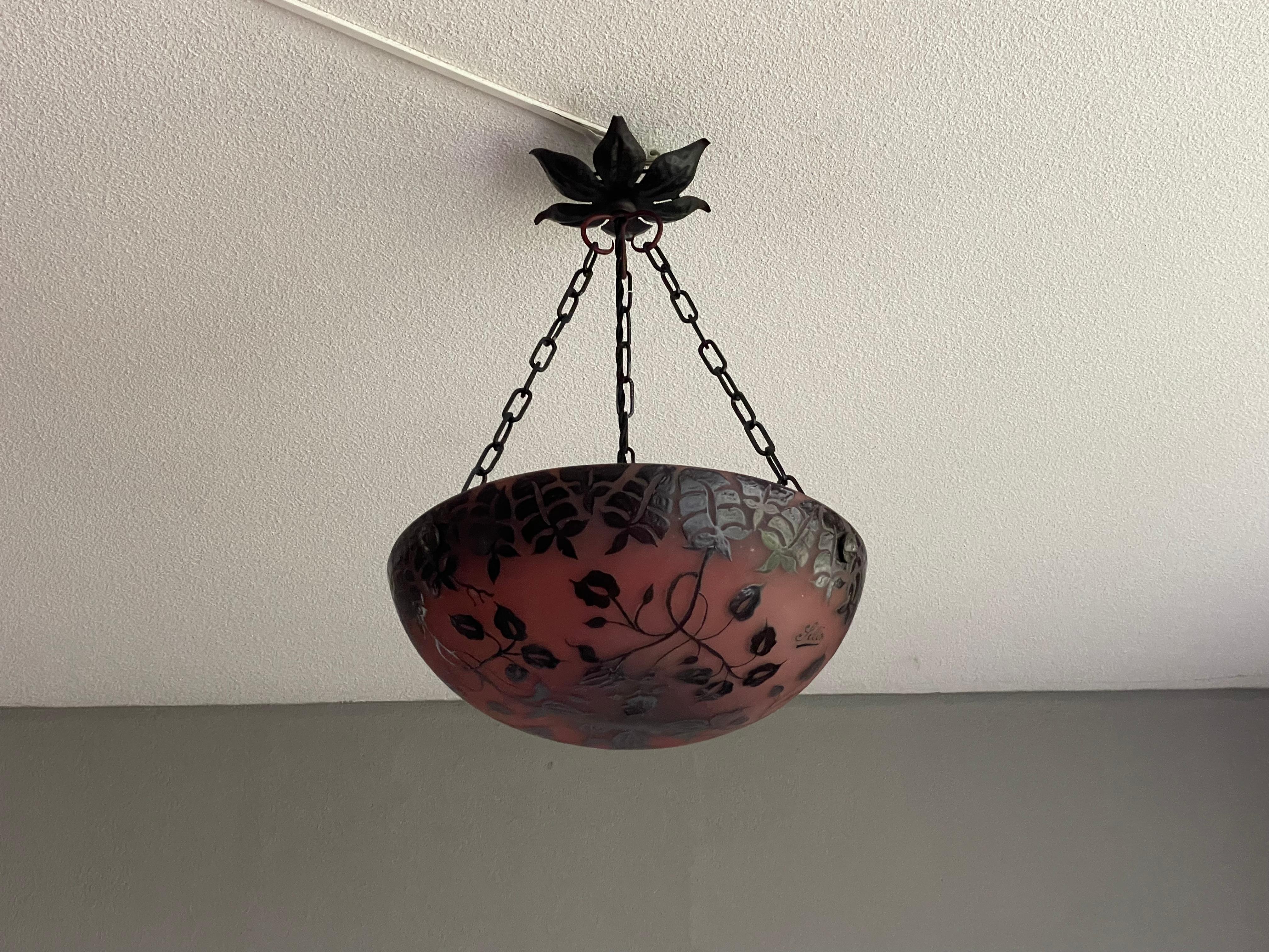 Arts and Crafts Enameled Glass Pendant w. Floral Pattern & Wrought Iron Canopy In Excellent Condition For Sale In Lisse, NL