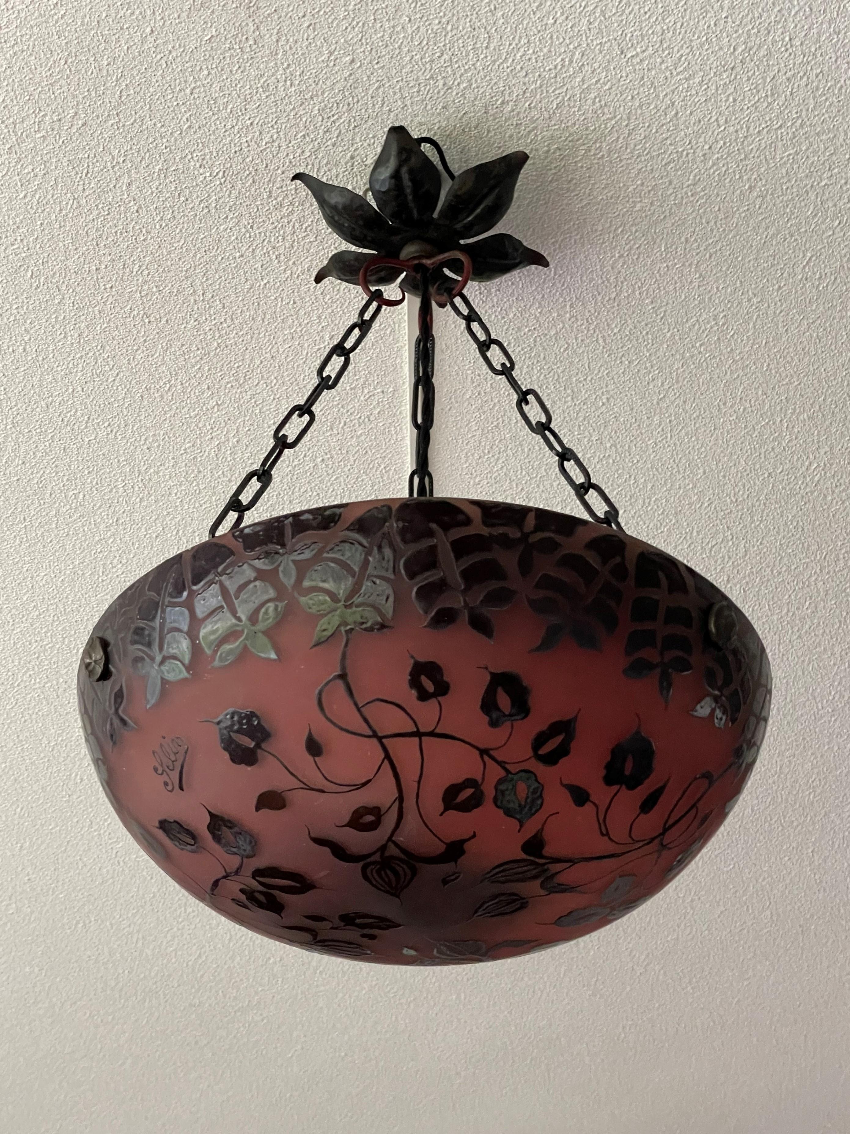 Arts and Crafts Enameled Glass Pendant w. Floral Pattern & Wrought Iron Canopy For Sale 2