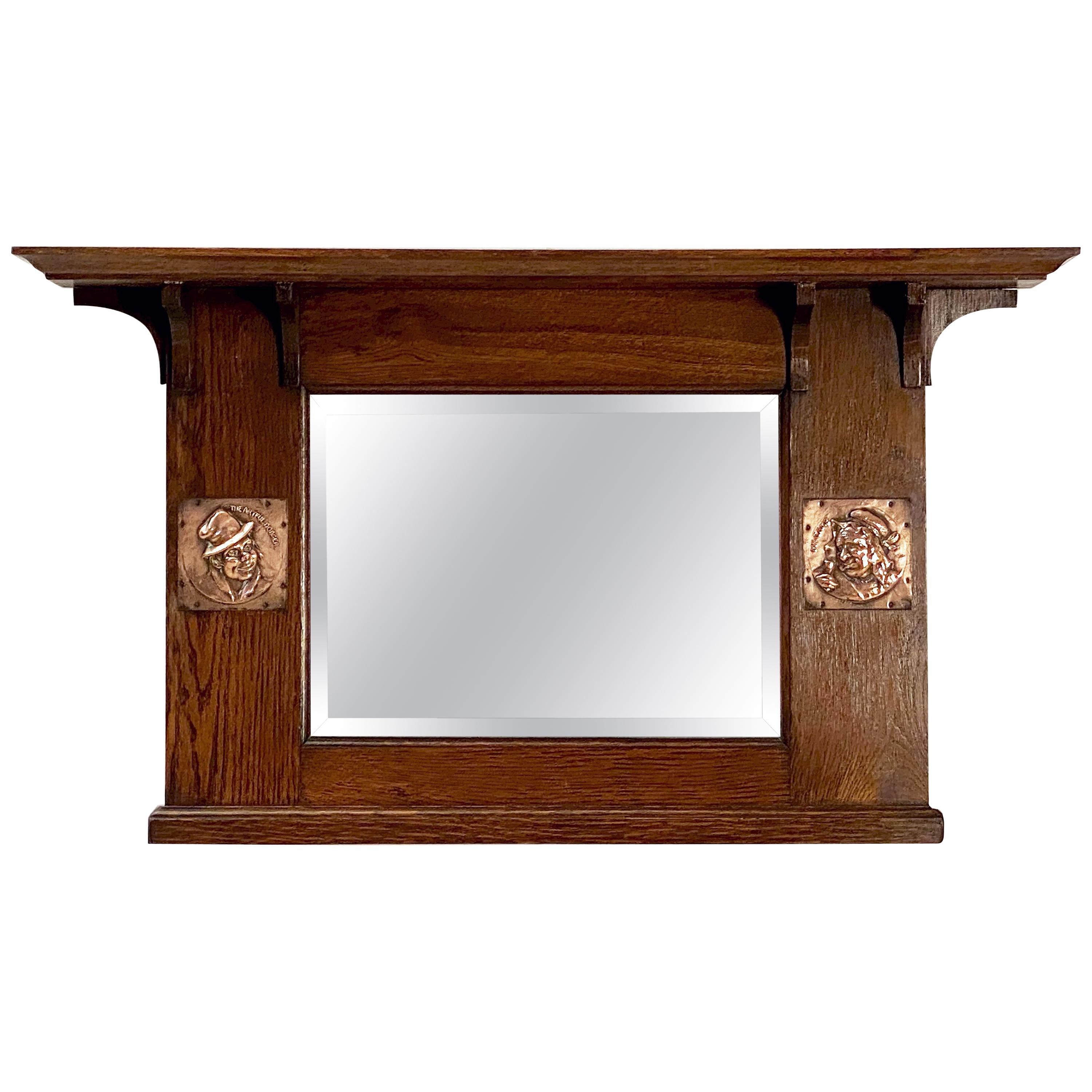 Arts and Crafts Era Beveled Overmantle Mirror with Oak Frame (H 18 x W 32) For Sale