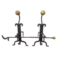 Arts and Crafts era Blacksmith-Made Brass Iron Andirons & Fireplace Tool set