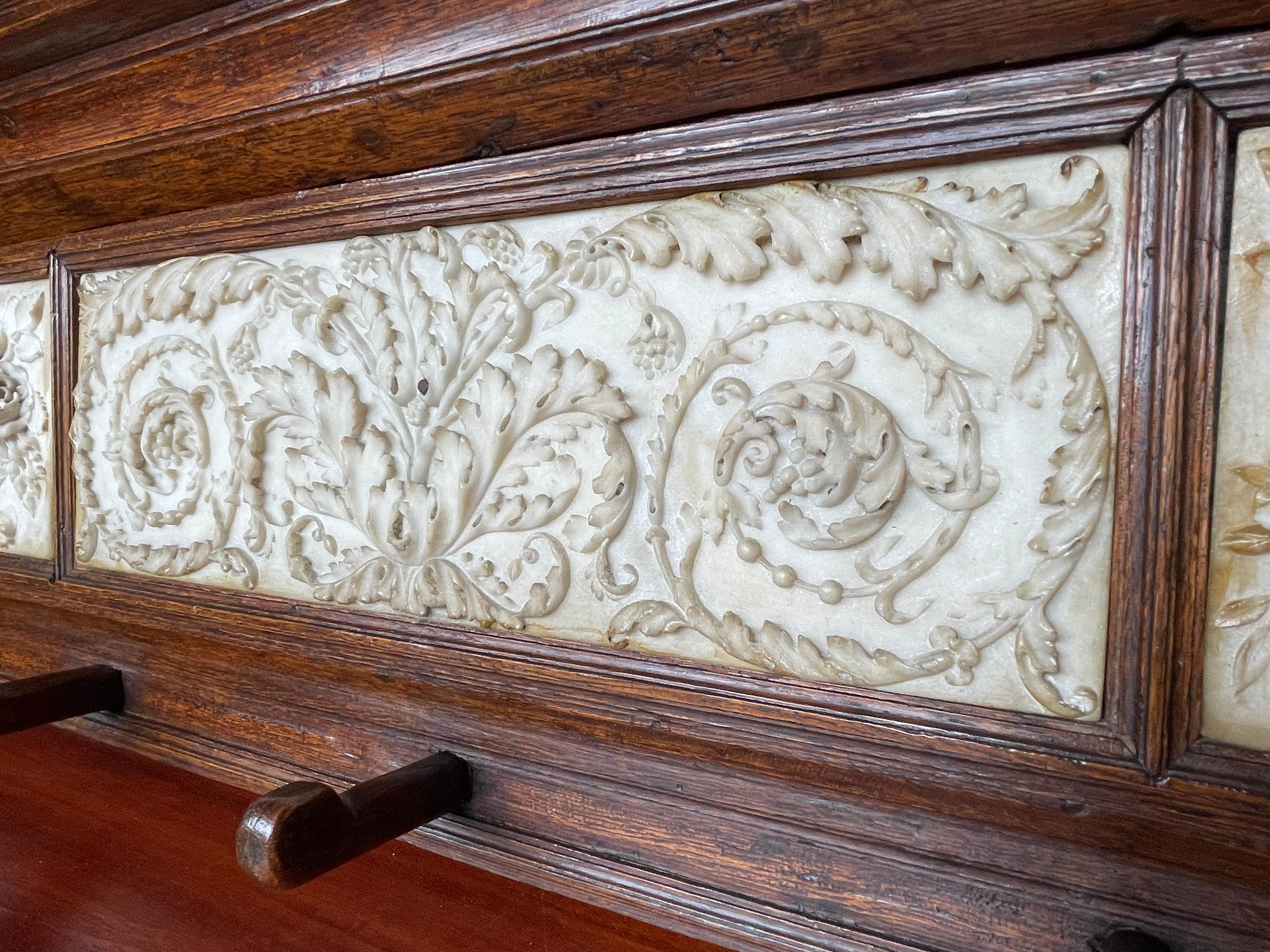 Arts and Crafts Era Coat Rack with Detailed and Deeply Carved Alabaster Tiles For Sale 2