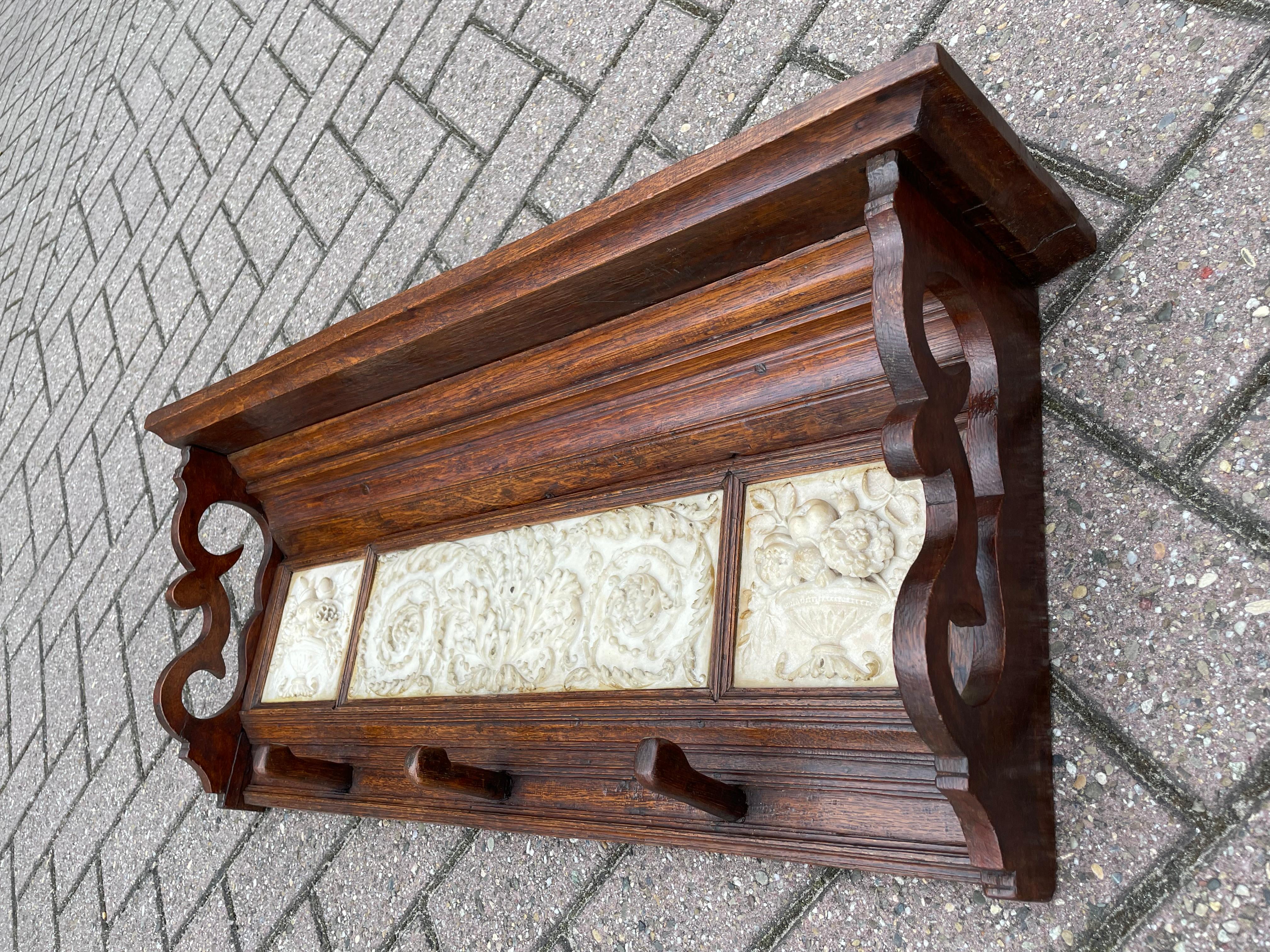 Arts and Crafts Era Coat Rack with Detailed and Deeply Carved Alabaster Tiles For Sale 3