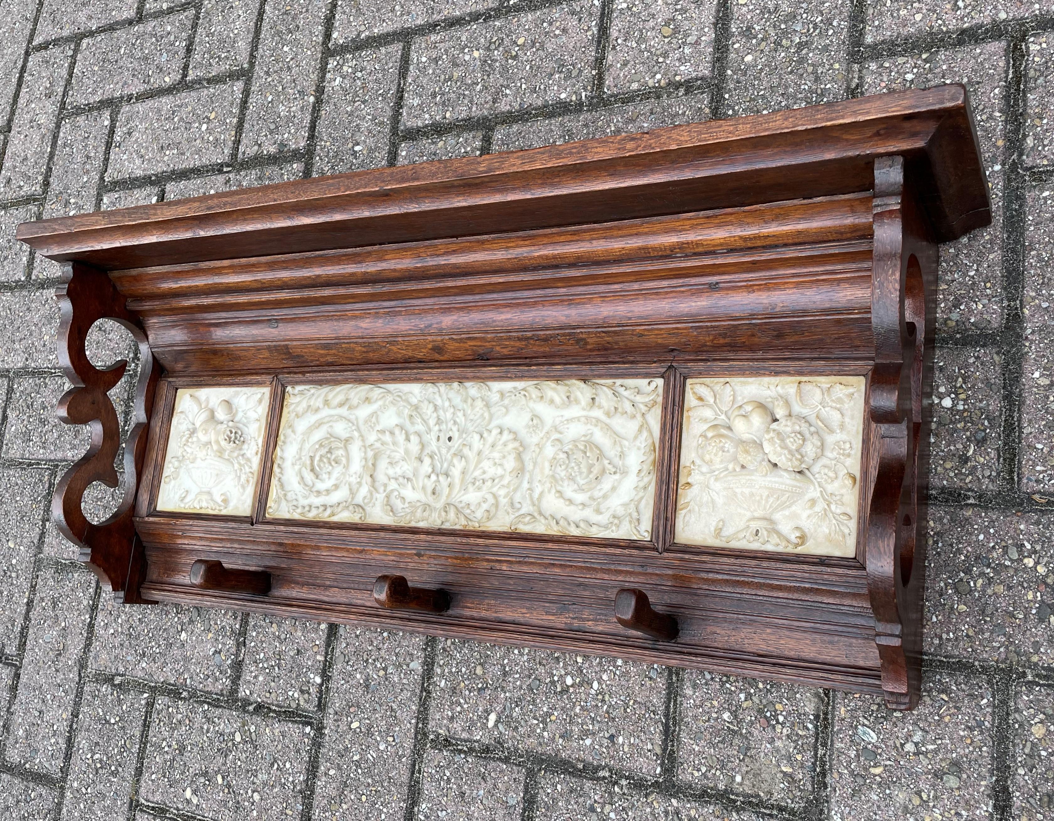 Arts and Crafts Era Coat Rack with Detailed and Deeply Carved Alabaster Tiles For Sale 4