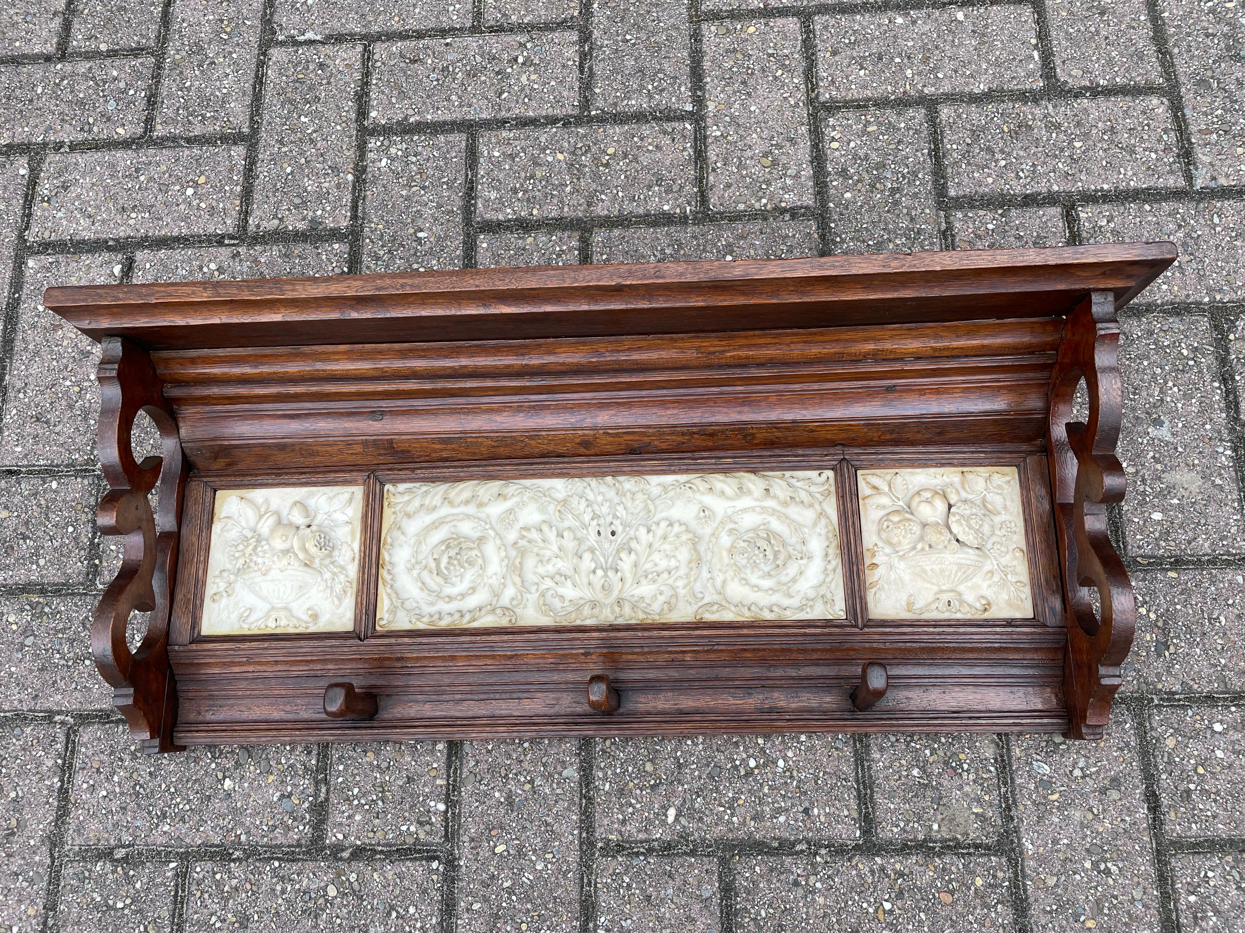 Arts and Crafts Era Coat Rack with Detailed and Deeply Carved Alabaster Tiles For Sale 5