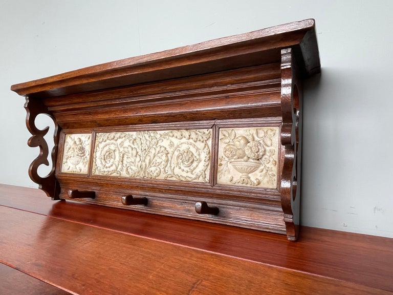Arts and Crafts Era Coat Rack with Detailed and Deeply Carved Alabaster