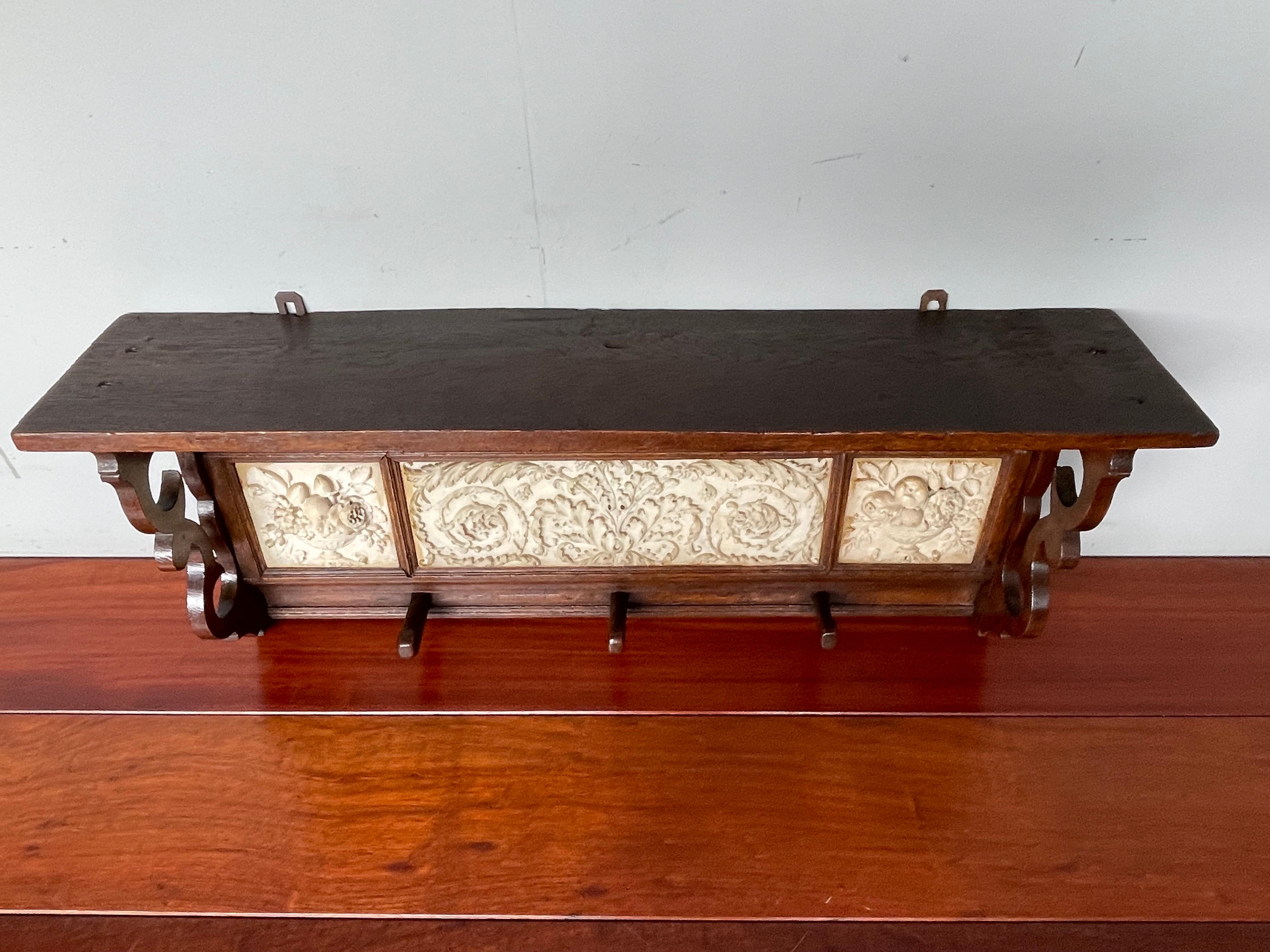 Arts and Crafts Era Coat Rack with Detailed and Deeply Carved Alabaster Tiles For Sale 12