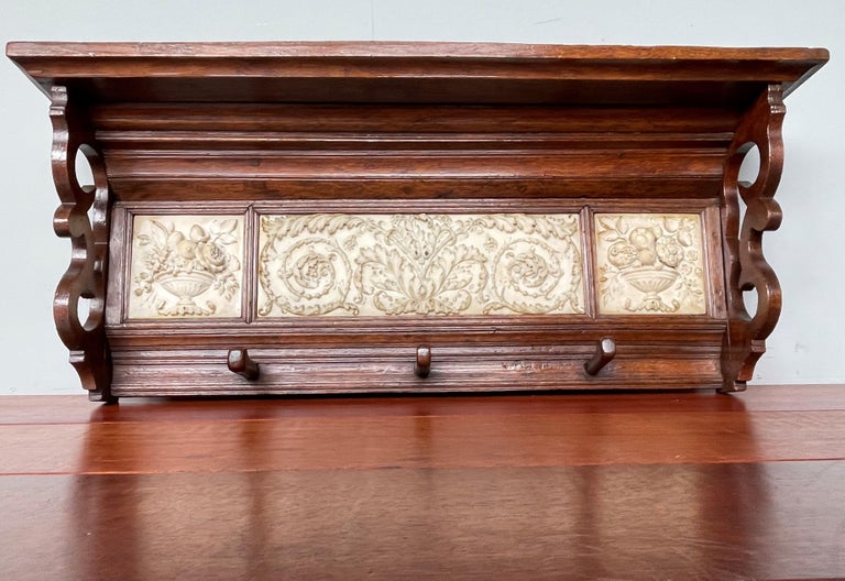 Arts and Crafts Era Coat Rack with Detailed and Deeply Carved Alabaster